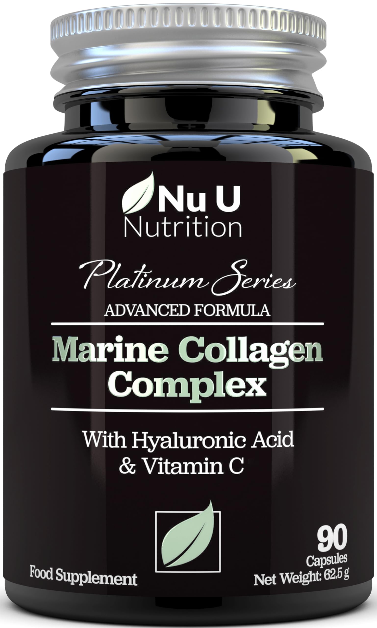 Marine Collagen with Hyaluronic Acid, Vitamin C - 90 Hydrolysed Capsules (not Tablets) - Premium High Strength Collagen Nu U Nutrition uk supplements