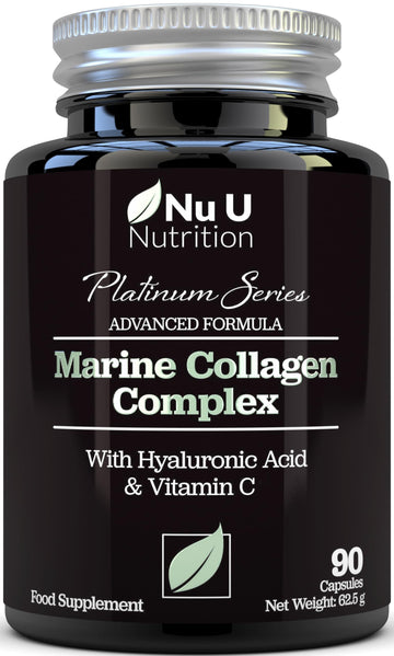 Marine Collagen with Hyaluronic Acid, Vitamin C - 90 Hydrolysed Capsules (not Tablets Nu U Nutrition uk supplements