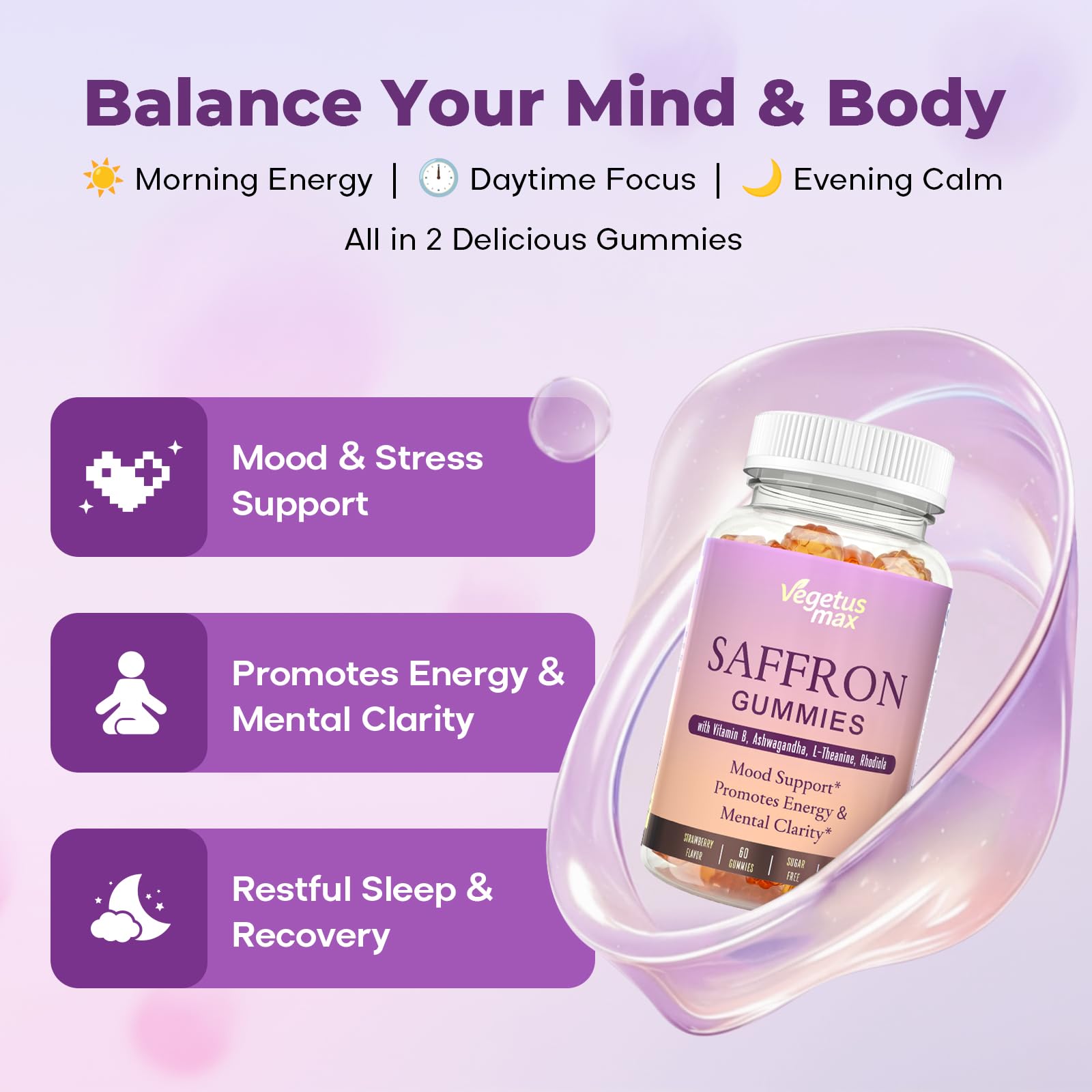 Saffron Supplements Gummies, 88.5mg Pure Saffron Extract with Ashwagandha L-Theanine Rhodiola Rosemary Magnesium Vitamin B6 B12 for Mood Focus Support Adults Kids - 60 Count VEGETUSMAX uk supplements
