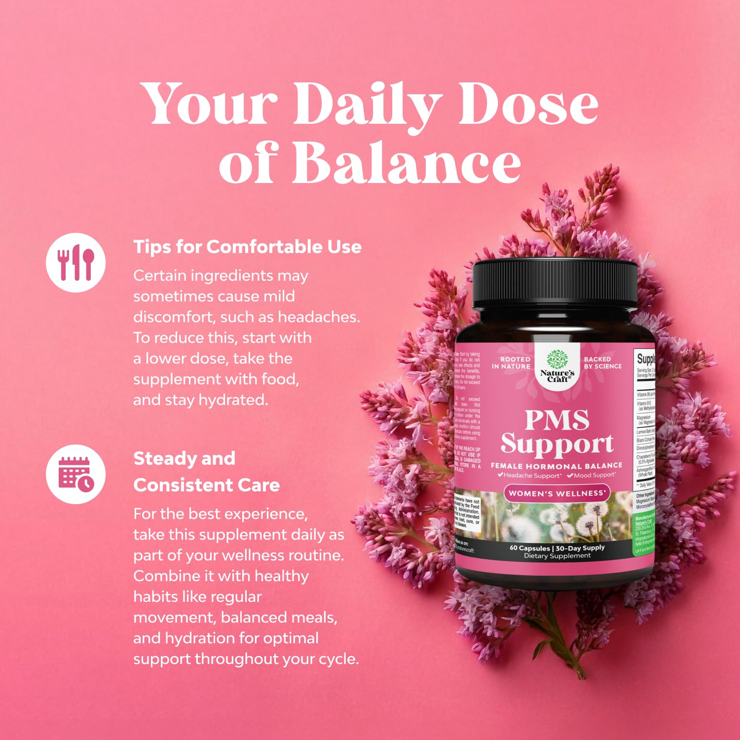 PMS Support Supplement for Women – Hormone Balance for Women & Menstrual Discomfort with DIM, Chasteberry, Black Cohosh & Ashwagandha - for Period Cramps Ease, Menopause Bloating, Mood Swing – 60 Ct Natures Craft uk supplements