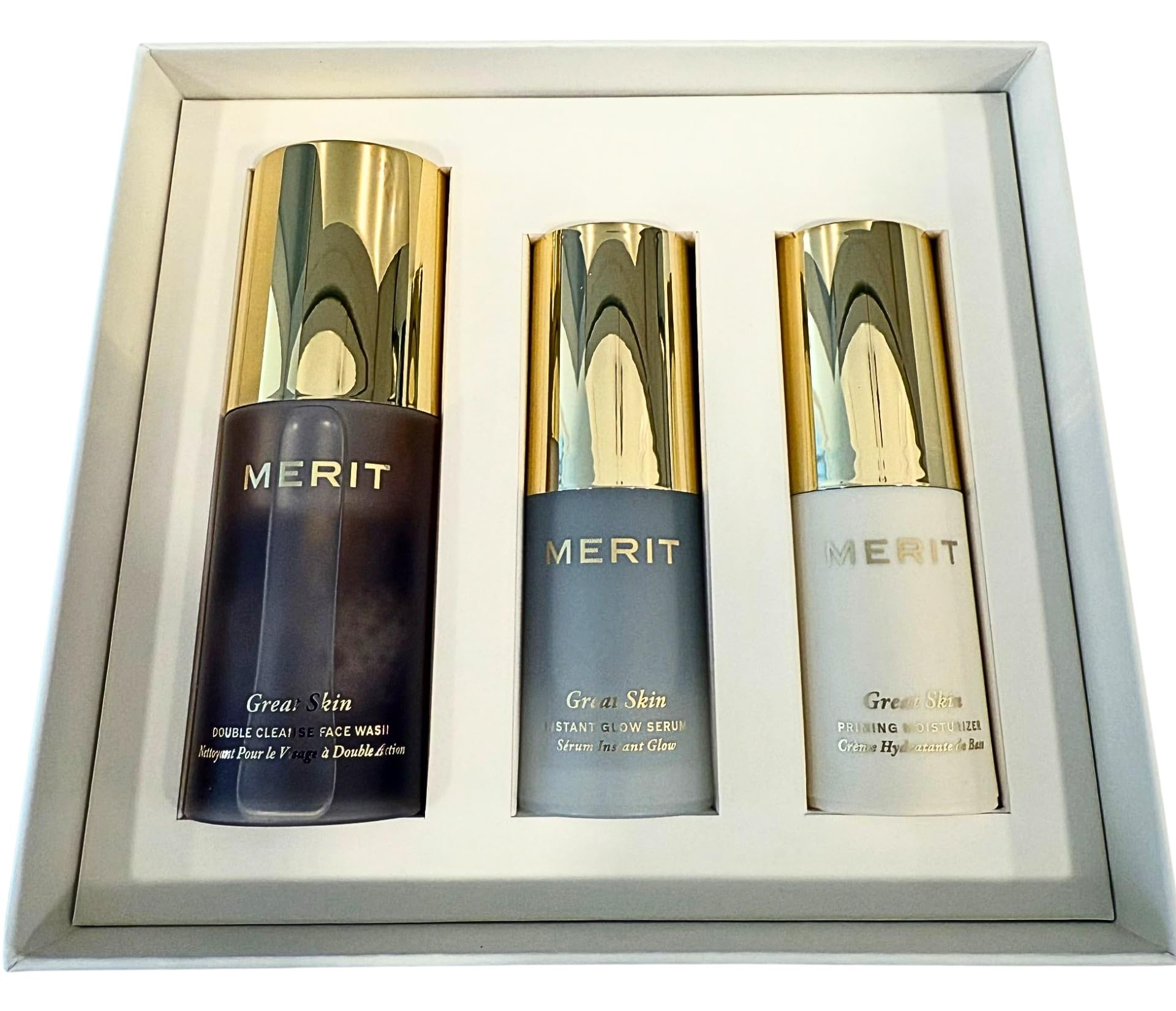 MERIT The Mini Great Skin Trio – Limited Edition Skincare Set with Double Cleanse Face Wash (15 ml), Instant Glow Serum (15 ml), and Priming Moisturizer (50 ml) Merit uk supplements