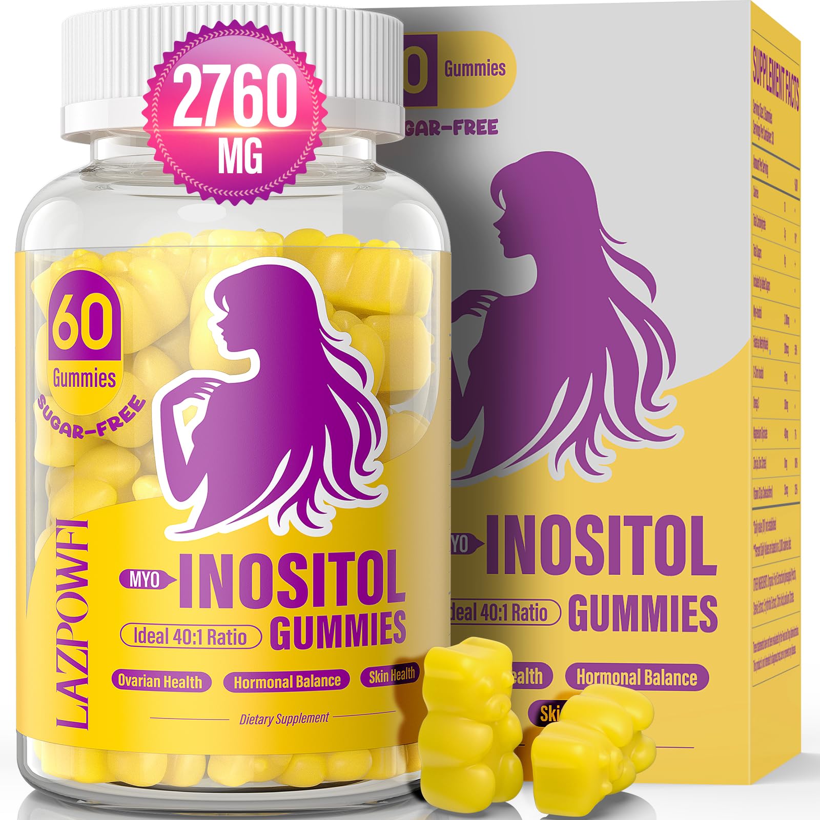 Lazpowfi Myo-Inositol & D-Chiro Inositol,Inositol Gummies with Vitamin D3, Magnesium Glycinate, Omega-3, Folate & Zinc, Inositol Supplement Menstrual Cycle for Women-40:1 Ratio-30 Day Supply Lazpowfi uk supplements