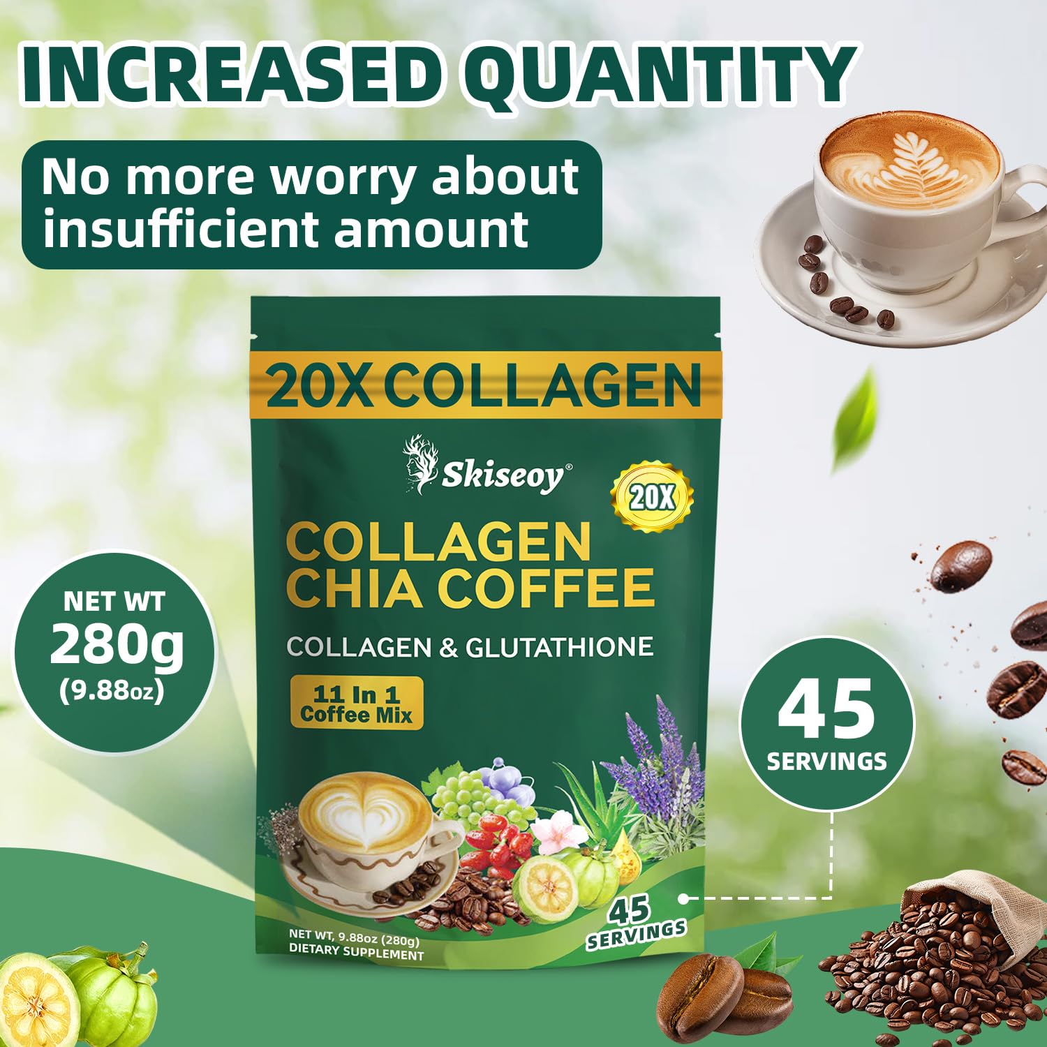 Skiseoy 20x Collagen Chia Coffee - 11-in-1 Coffee Shape Mix with L-Glutathione for Skin, Hair, Joints - Boost Energy and Focus, Vegan Friendly, 45 Servings Skiseoy uk supplements