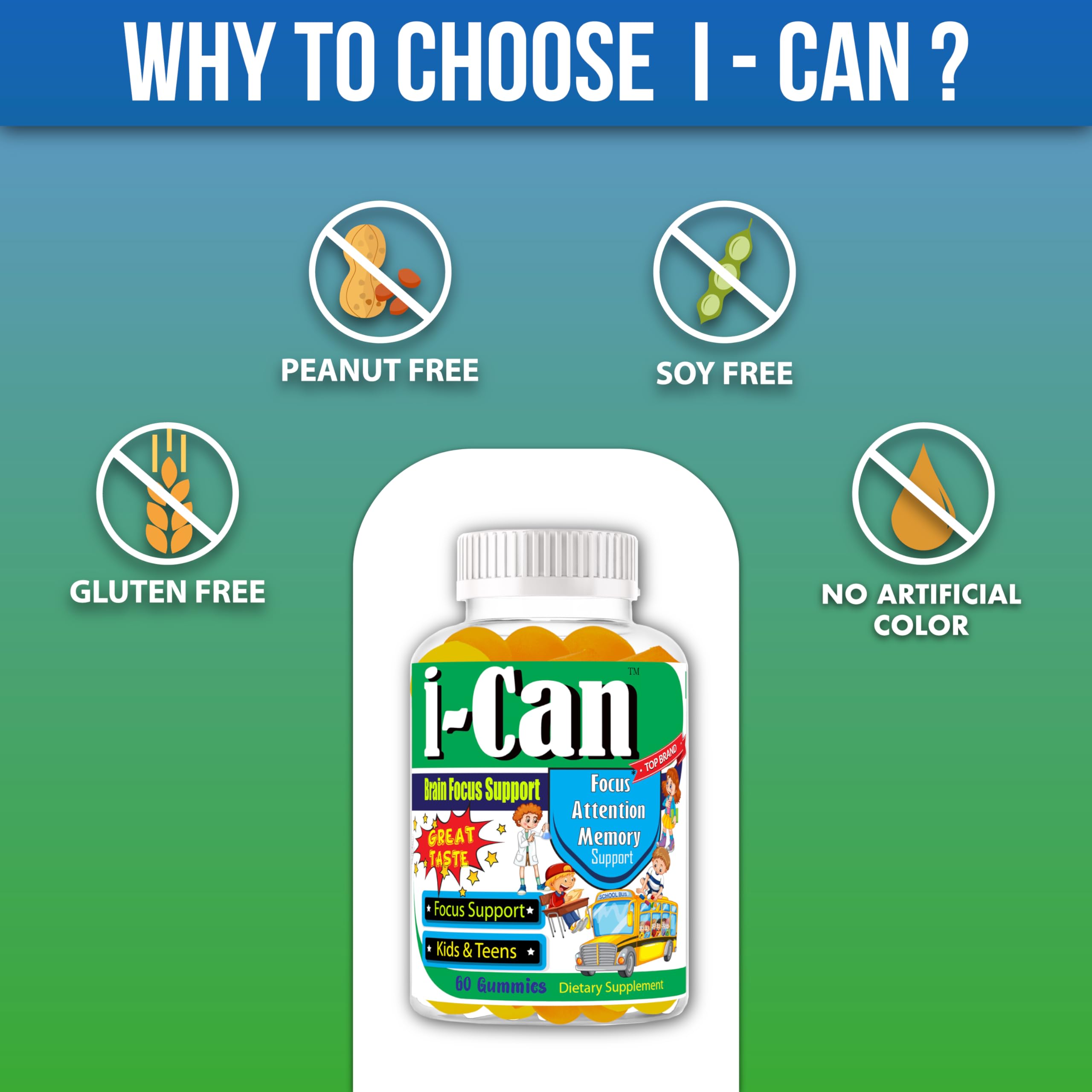 I-Can Focus Gummies for Kids & Teens, Omega 3 Gummies with DHA & EPA, Brain Health, Memory, Attention Support, Teen Brain Focus Vitamins, Non-Fishy Taste, Low Sugar, 60 Count Celebrity LifeStyle Product uk supplements
