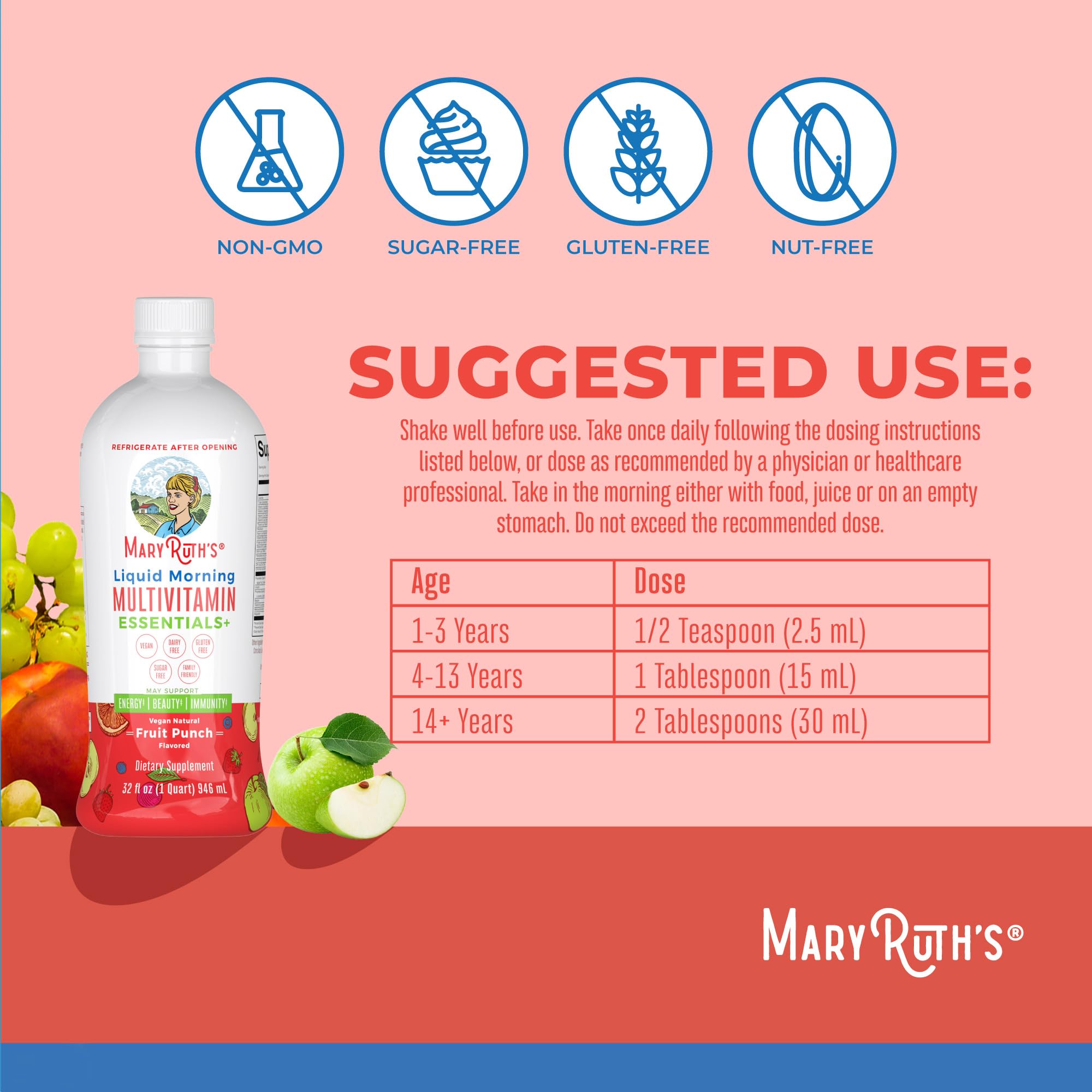 MaryRuth Organics Liquid Morning Multivitamin Essentials+ | Vitamin A C D E B6 B12 Biotin Zinc, Mens Womens Multivitamin, Immune Support, Beauty | Sugar Free | Vitamins for Ages 1+ | Vegan | 32 Fl Oz MARYRUTH'S uk supplements
