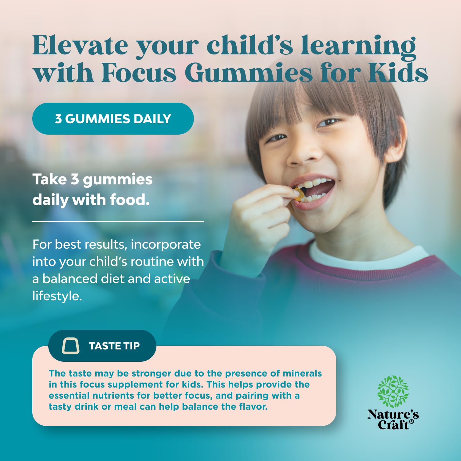 Kids Focus Gummies - Nootropics Brain Support Supplement for Kids with Green Tea Extract, B6 & B12 Vitamins for Memory and Brain Focus - Herbal Concentration Chews for Children - 90 Count Natures Craft uk supplements