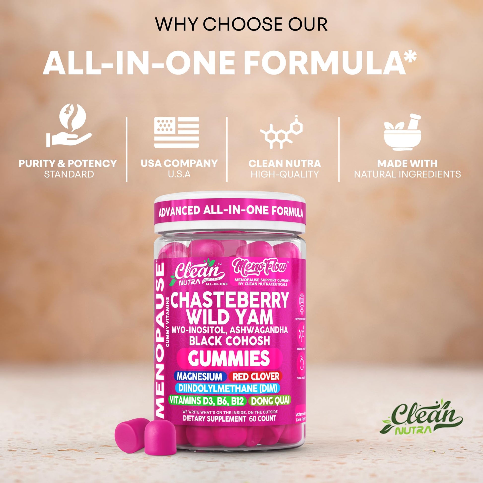 Clean Nutra Menopause Supplements for Women Chastberry Wild Yam Gummies Inositol Black Cohosh Magnesium Red Clover DIM Supplement B6 Magnesium Glycinate Glycine Vitex Hormone Balance Gummy Vitamins Clean Nutraceuticals uk supplements