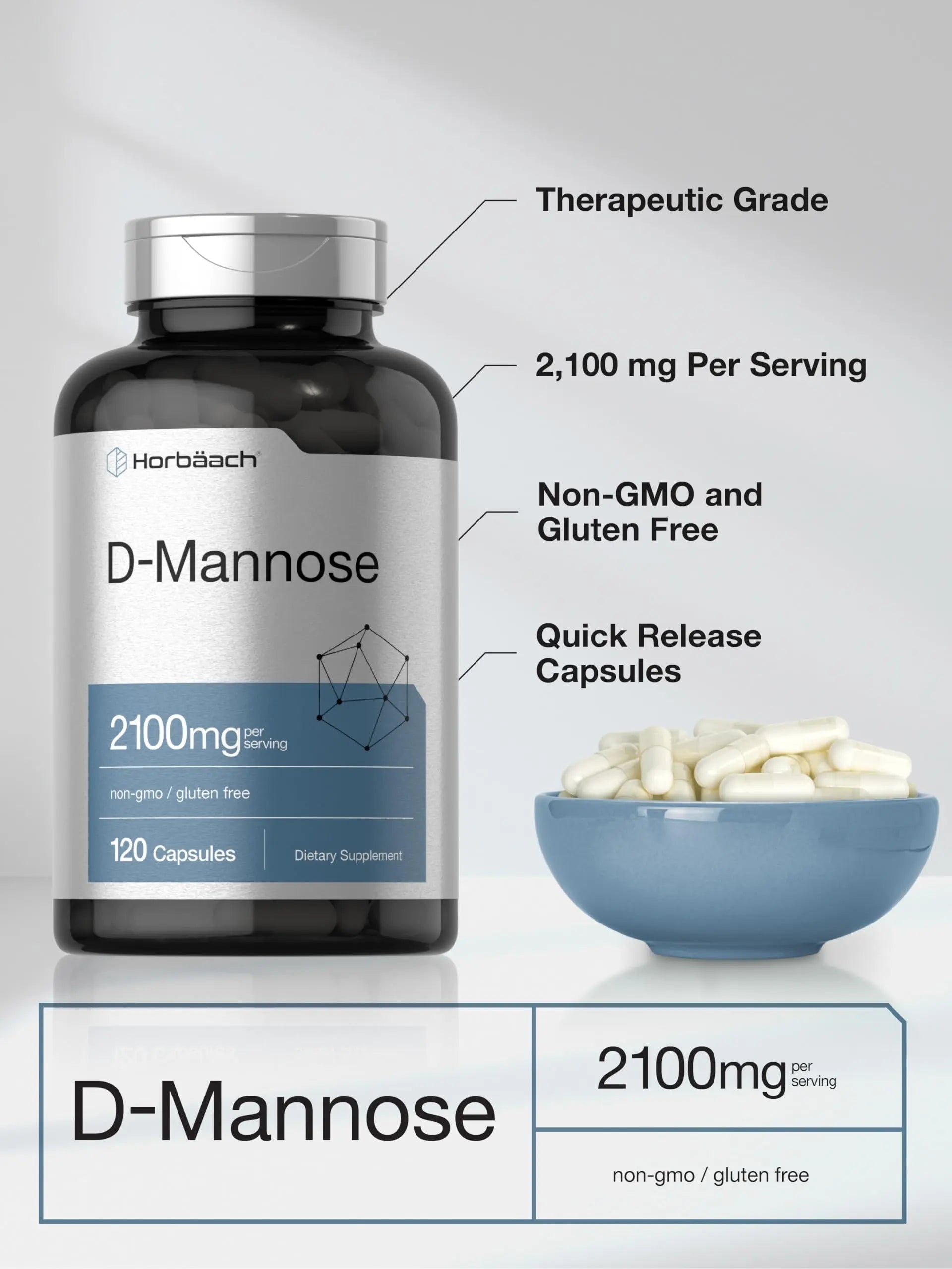 Horbäach D-Mannose Supplement 2100mg | 120 Capsules | Pills for Women and Men | Non-GMO & Gluten Free Horbäach uk supplements