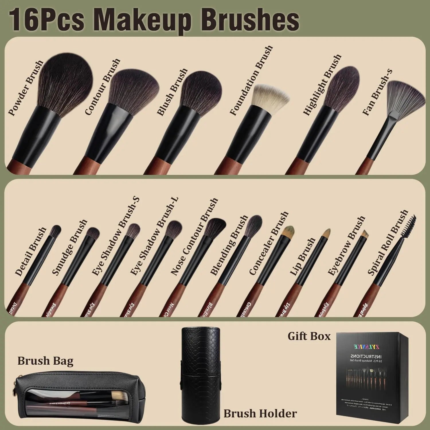 Makeup Brushes 16 Pcs Makeup Brush Set Professional, Wood Handle Travel Make Up Brushes Set with Case, Premium Cruelty-Free Synthetic Fiber Hair Makeup Brush Kit with Holder Zylsnice uk supplements