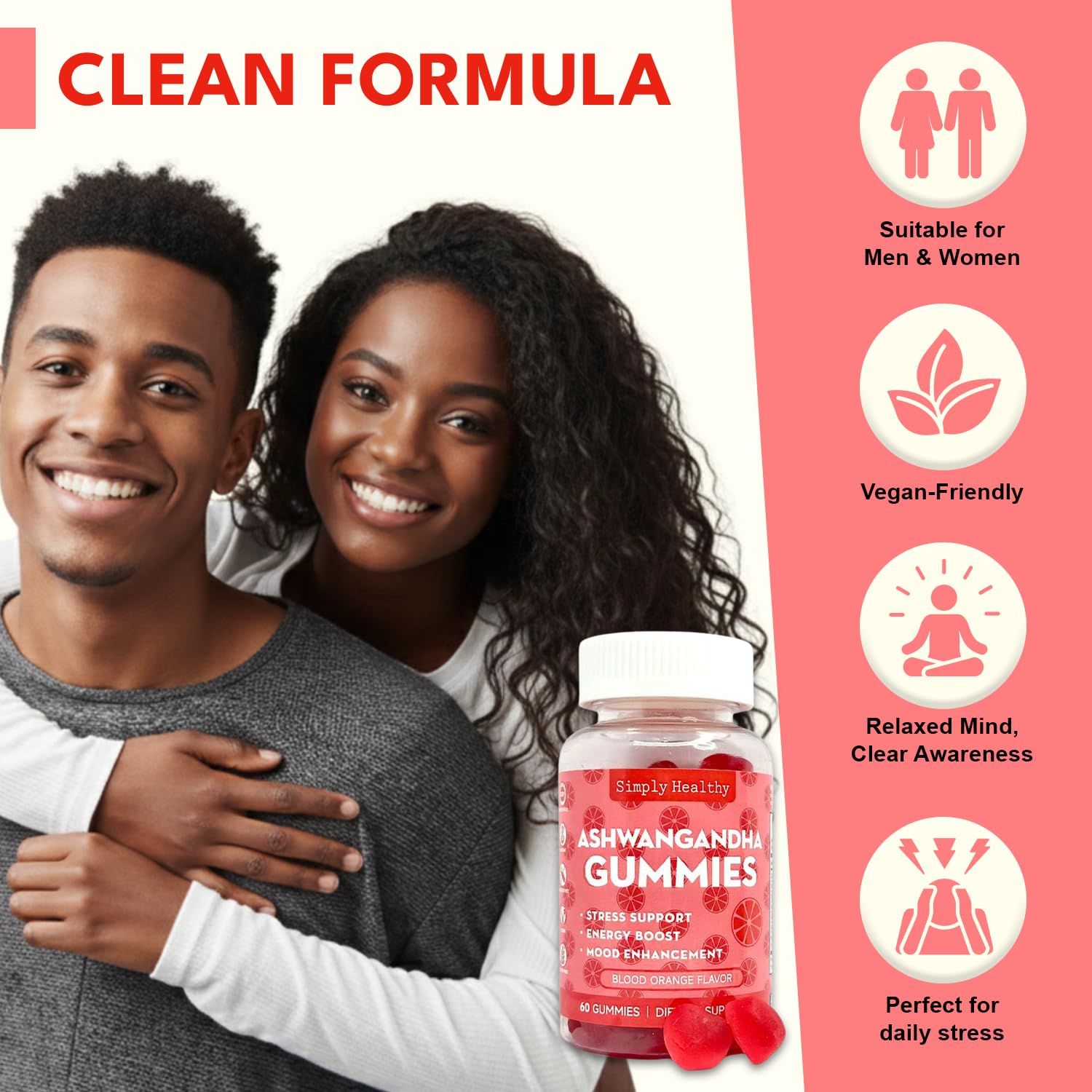 Simply Healthy Premium Ashwagandha Gummies, Stress Support with Blood Orange Flavor, Vegan, Easy to Chew, Daily Aid, Energy Booster, Mood Enhancer, for Both Men and Women, 60 Gummies Simply Healthy uk supplements