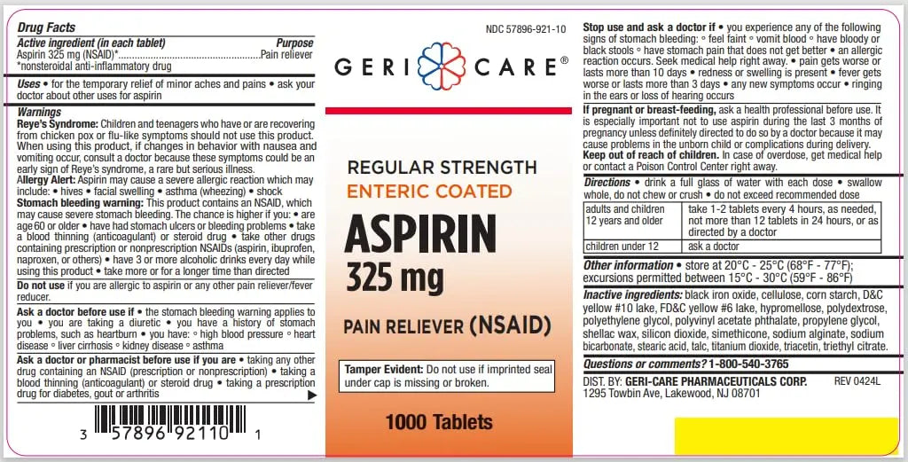 GeriCare Enteric Coated Aspirin Tablets 325mg (1000 Count) NSAID Pain Reliever & Fever Reducer for Adults- Regular Strength Aspirin for Headache Arthritis Menstrual & Muscle Pain GeriCare uk supplements