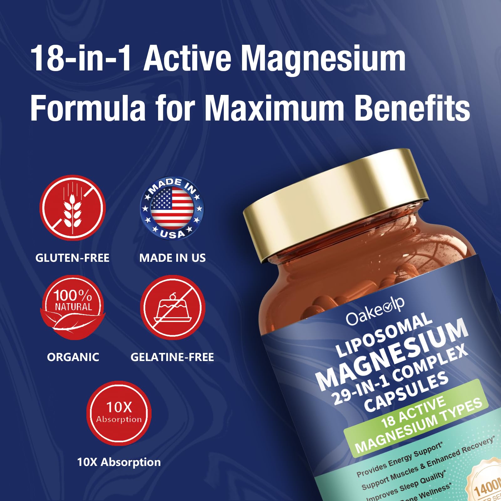 29-in-1 Liposomal 18 Active Types Magnesium Complex 1400MG Capsule,L-Threonate Glycinate Malate etc,Mild & Efficient,Extra Vitamin B6 B12 D3K2 & CoQ10, Relaxation Nerve* & Hert* Support Oakevlp uk supplements