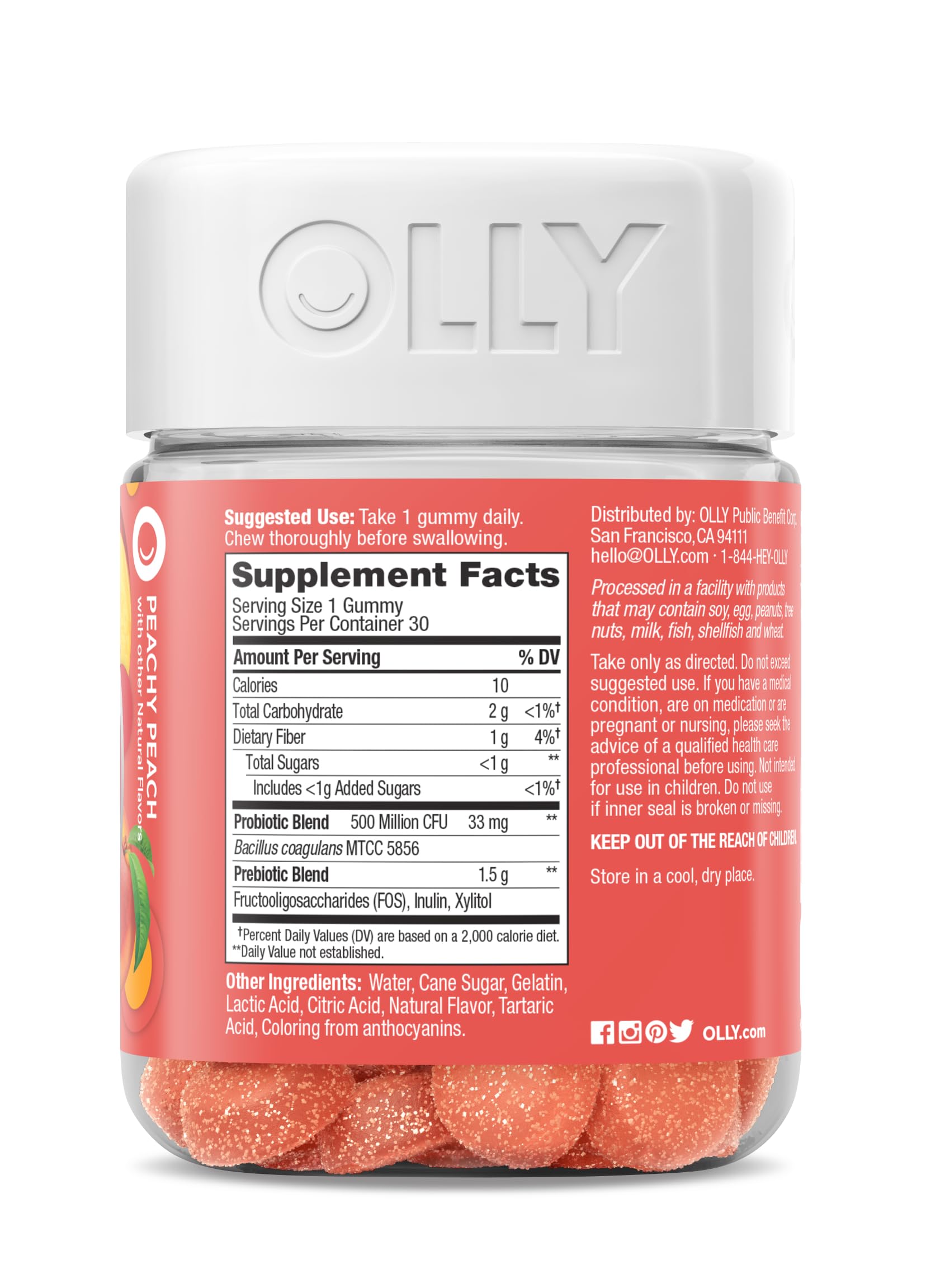 OLLY Probiotic + Prebiotic Gummy, Digestive Support and Gut Health, 500 Million CFUs, Fiber, Adult Chewable Supplement for Men and Women, Peach, 30 Day Supply - 30 Count OLLY uk supplements