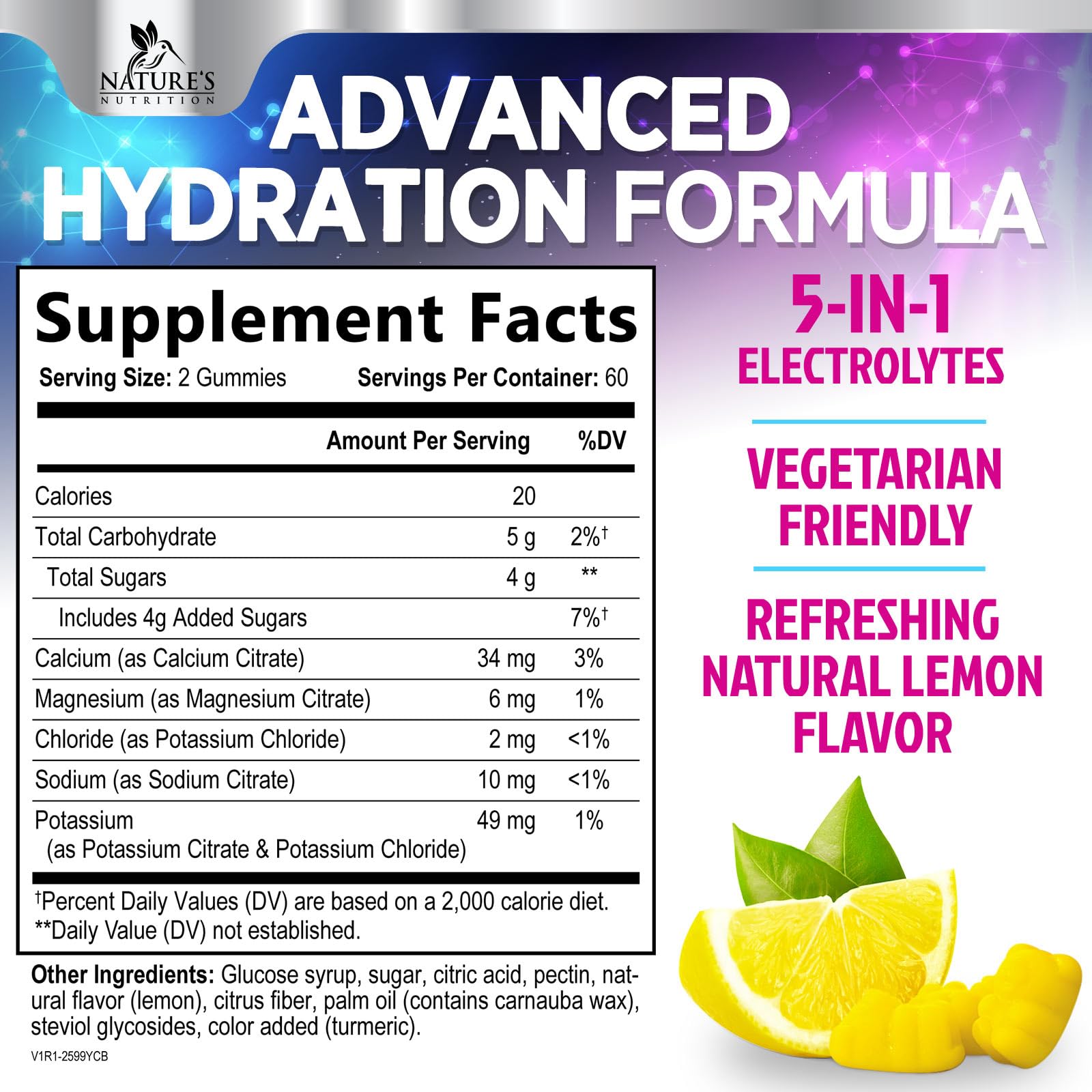 Hydration Electrolyte Gummies - Daily Liquid Replenisher Gummy - Electrolyte Multiplier with Minerals, Potassium & Real Salt - Vegan, Non-GMO - Tasty Lemon Flavor Hydration Electrolytes Nature's Nutrition uk supplements