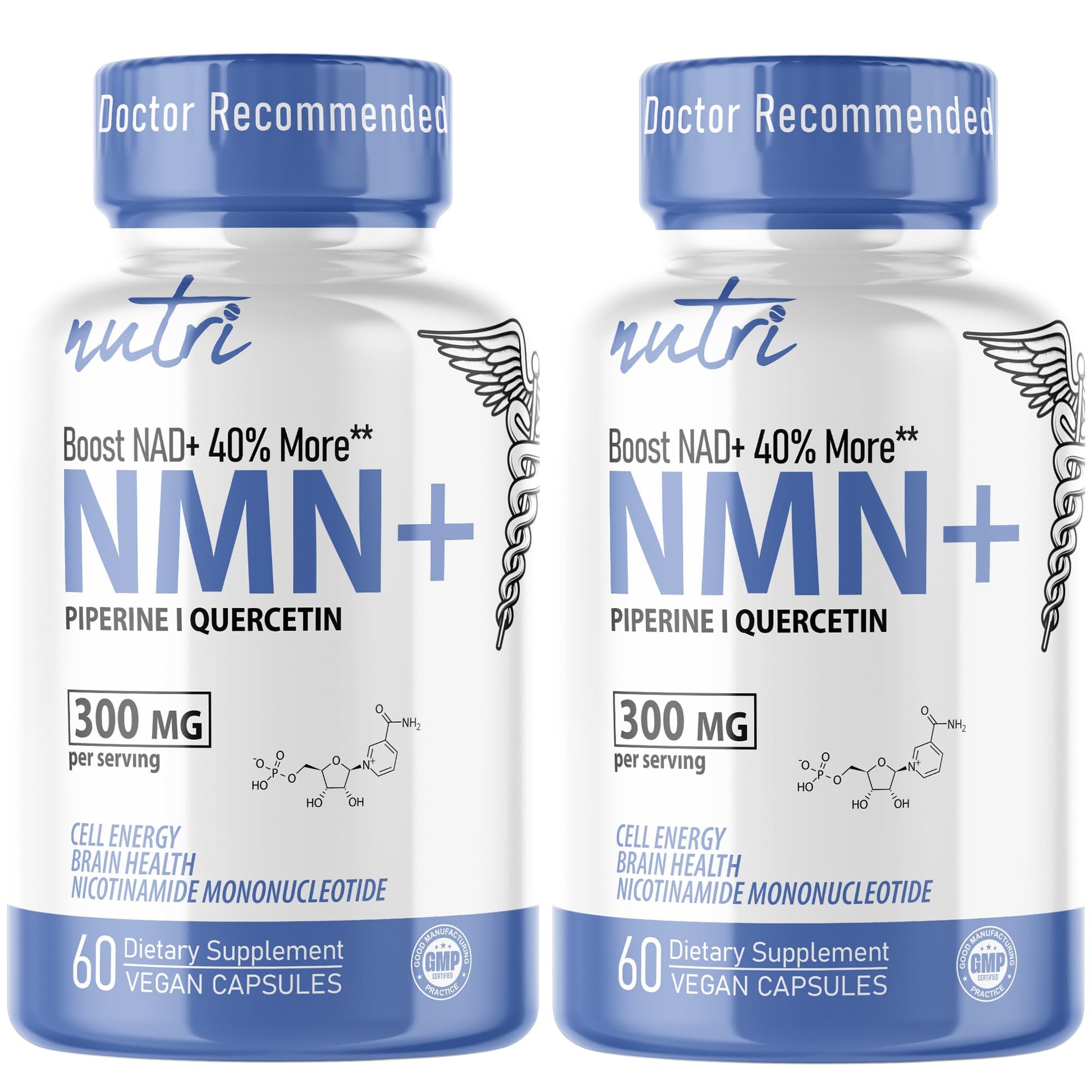 NMN Supplement 300mg NAD Supplement - (2 Pack) Nutri Ultra High Absorption Stabilized NMN Nicotinamide Mononucleotide, 40% More NAD+ w/ Quercetin Phytosome & Black Pepper - mnm supplement 120 Capsules Nature's Fusions uk supplements