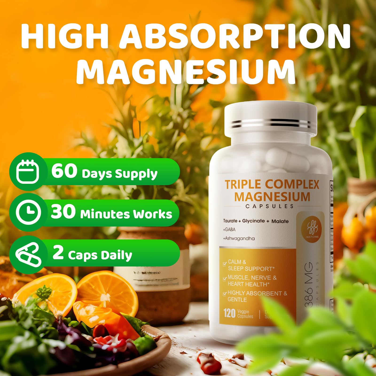 Triple Magnesium Complex - Magnesium Glycinate, Taurate & Malate Supplement with Omega3, Ashwagandha, GABA for Sleep, Brain Heart & Muscle Support - High Absorption and Gentle, Vegan, 120 Capsules iMATCHME uk supplements