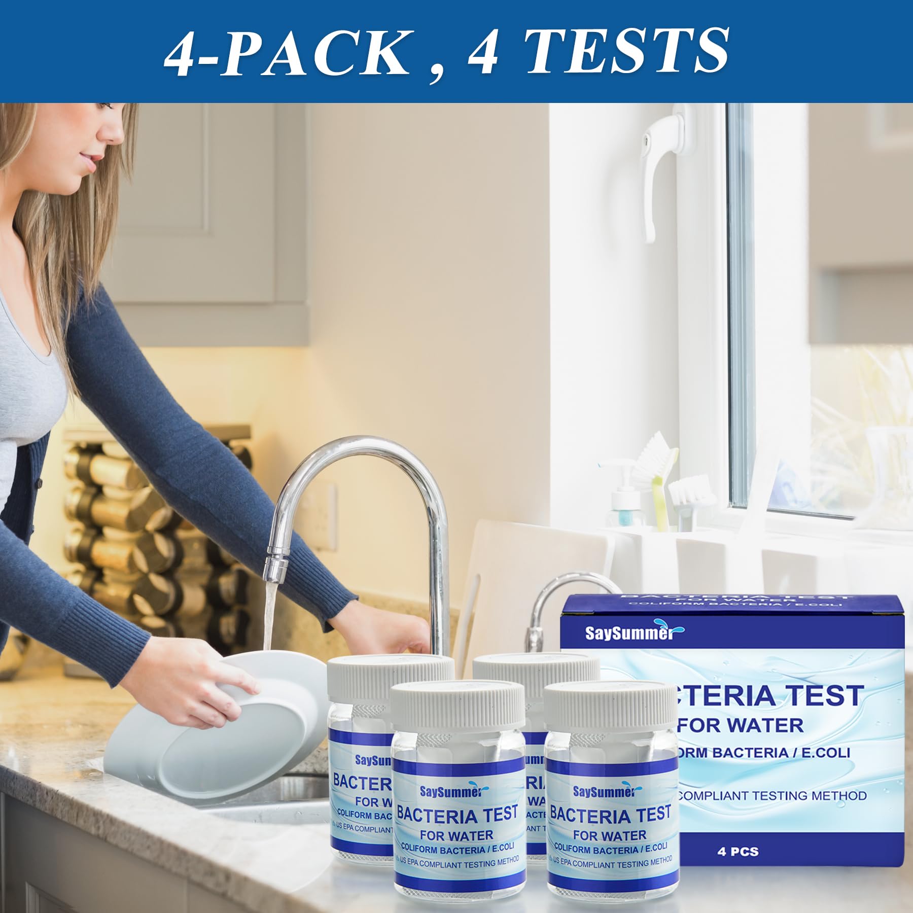 Drinking Water Bacteria Test Kit: 4 Tests Detecting Coliform E coli Bacteria - at Home Well Water Testing Kits for Drinking Water Pool Hot Tub Aquarium and More SaySummer uk supplements