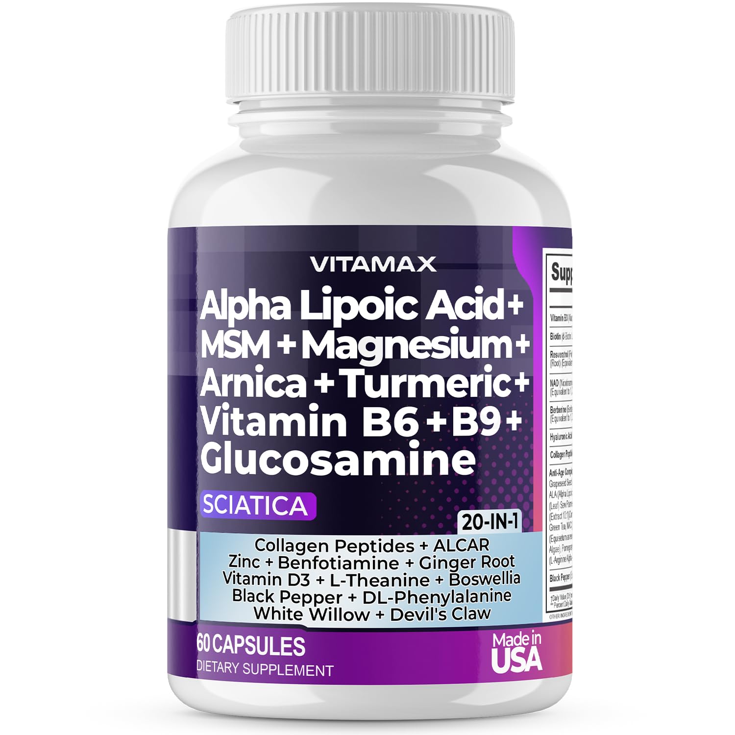 Sciatic Nerve Health Support - Sciatic Nerve Supplement Capsules with Folic Acid, Pea, Glucosamine, MSM, Vitamin B Complex, Alpha Lipoic Acid 300mg – 60ct – Made in USA Vitamax uk supplements