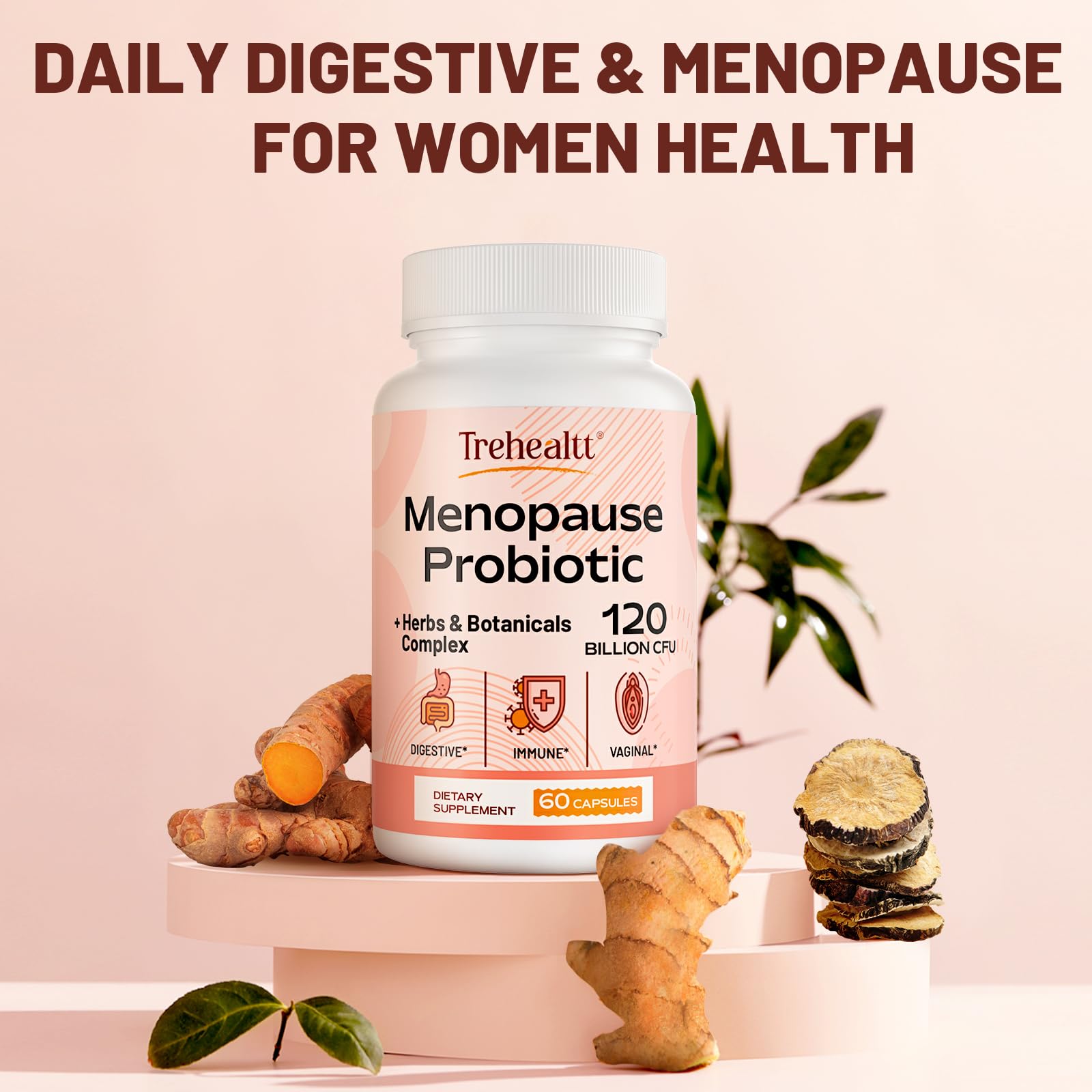 Menopause supplements for women, 120 Billion CFU Probiotic, 13-in-1 Herbs & Botanicals Complex, for Hormone Menopause, Hot Flashes, Night Sweats, Mood Swings, Sleep Disturbances, Vegan, 60 Capsules Trehealtt uk supplements