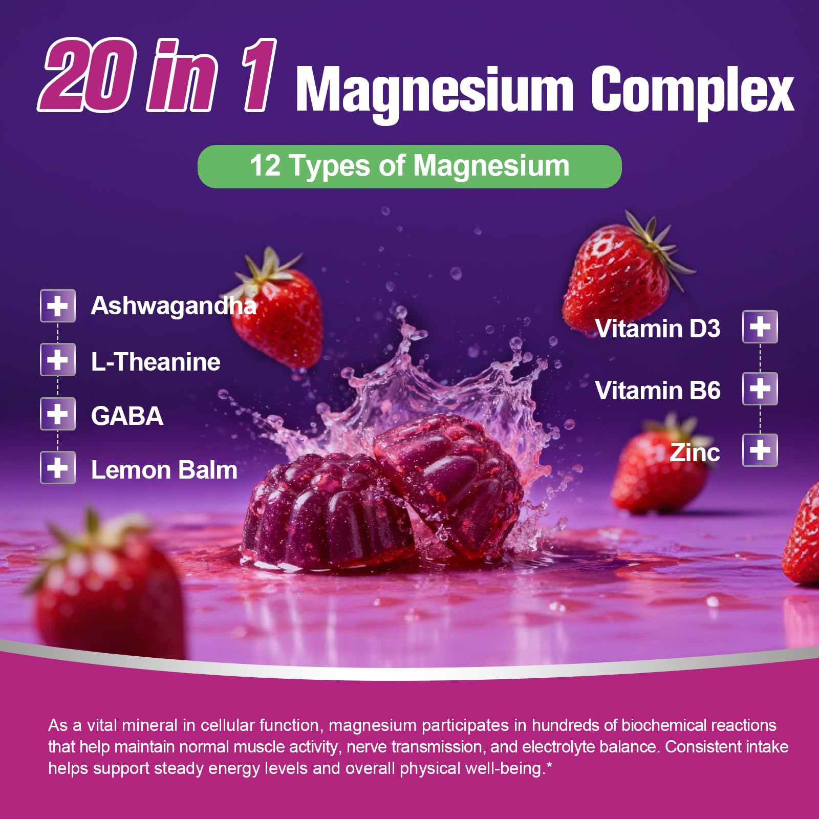 Migcopat Magnesium Complex Gummies, 20 in 1 Magnesium Gummy with Glycinate Citrate Malate Taurate - Ashwagandha, L-Theanine, D3&Zinc for Relaxation, Sleep, Muscle&Heart Support, Strawberry, 60 Cts Migcopat uk supplements