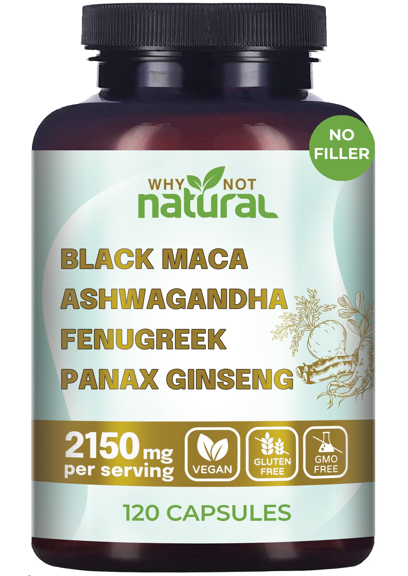 Why Not Natural 4-in-1 Organic Black Maca Root, Ashwagandha, Fenugreek, Panax Ginseng Capsules, Supplement for Men and Women (120 Count (Pack of 1) Why Not Natural uk supplements