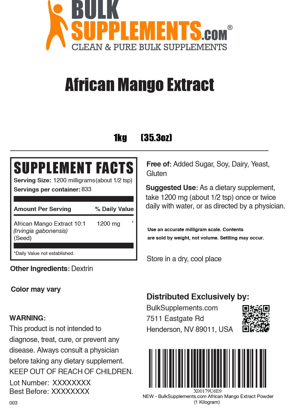 BulkSupplements.com African Mango Extract Powder - Irvingia Gabonensis, African Mango Powder - Gluten Free, 1.2g per Serving, 1kg (2.2 lbs) (Pack of 1) BulkSupplements uk supplements