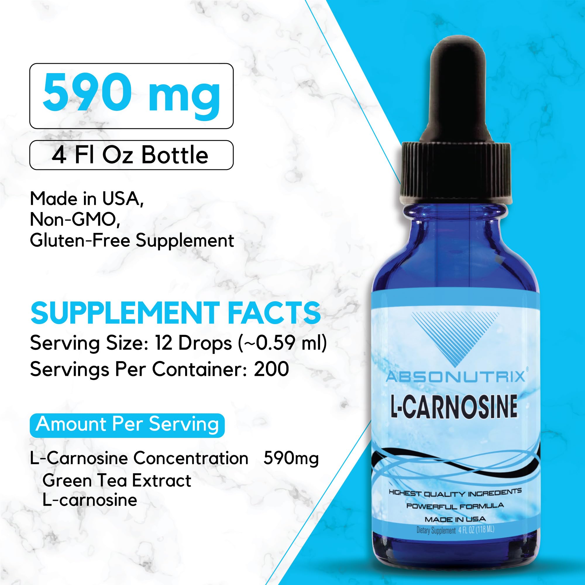Absonutrix L-Carnosine - 583 mg 4 Oz Bottle, 200 Highly Potent Servings, Easy-to-Consume Drops, High Bioavailability, Third-Party Tested, GMP-Certified, Non-GMO, Cruelty-Free Products, Made in USA Absonutrix uk supplements