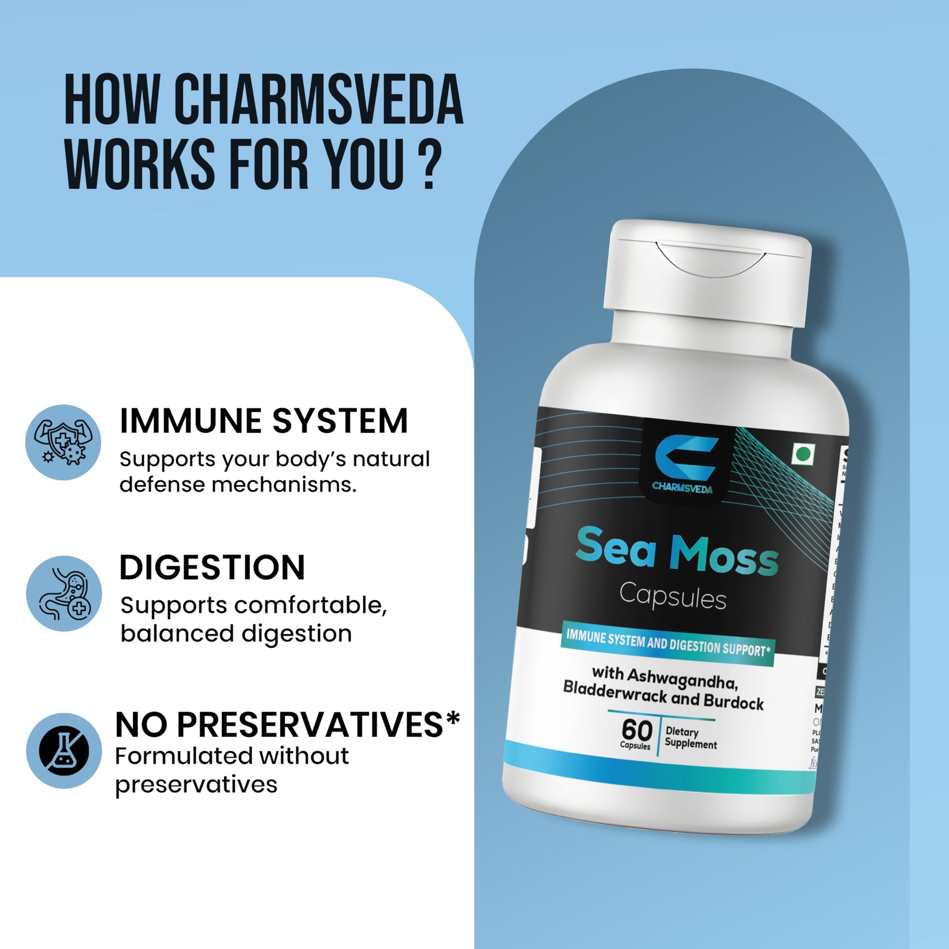 CHARMSVEDA Sea Moss Capsules with Ashwagandha, Bladderwrack & Burdock – Overall Wellness & Immune Support, Support Digestive & Gut Health* – 60 Vegan Capsules CHARMSVEDA uk supplements