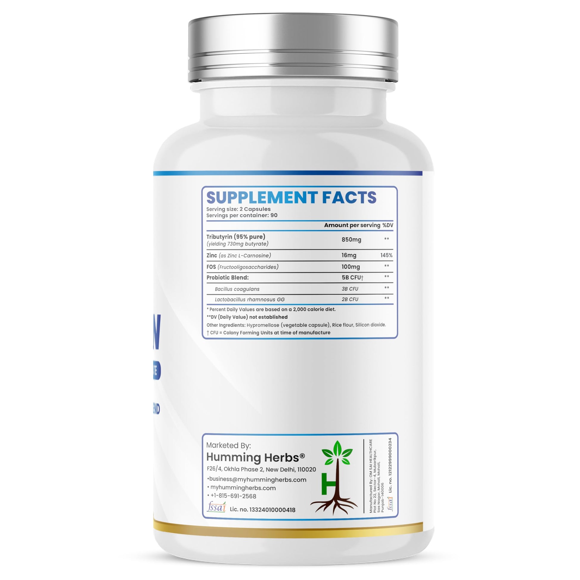 Humming Herbs Tributyrin Complex — 850 mg per Serving (95% Pure, yielding 731 mg Butyrate) with L-Glutamine, Zinc L-Carnosine, FOS & Probiotic Blend (180) Humming Herbs uk supplements