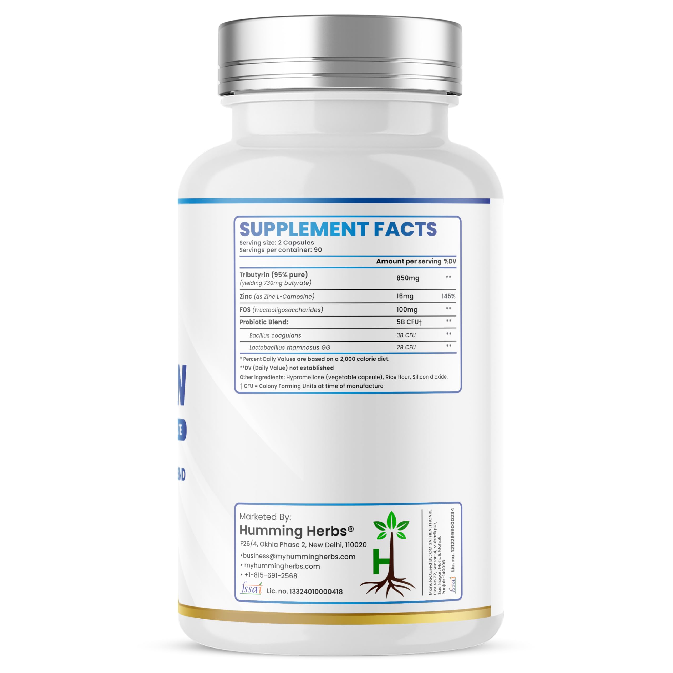 Humming Herbs Tributyrin Complex — 850 mg per Serving (95% Pure, yielding 731 mg Butyrate) with L-Glutamine, Zinc L-Carnosine, FOS & Probiotic Blend (180) Humming Herbs uk supplements