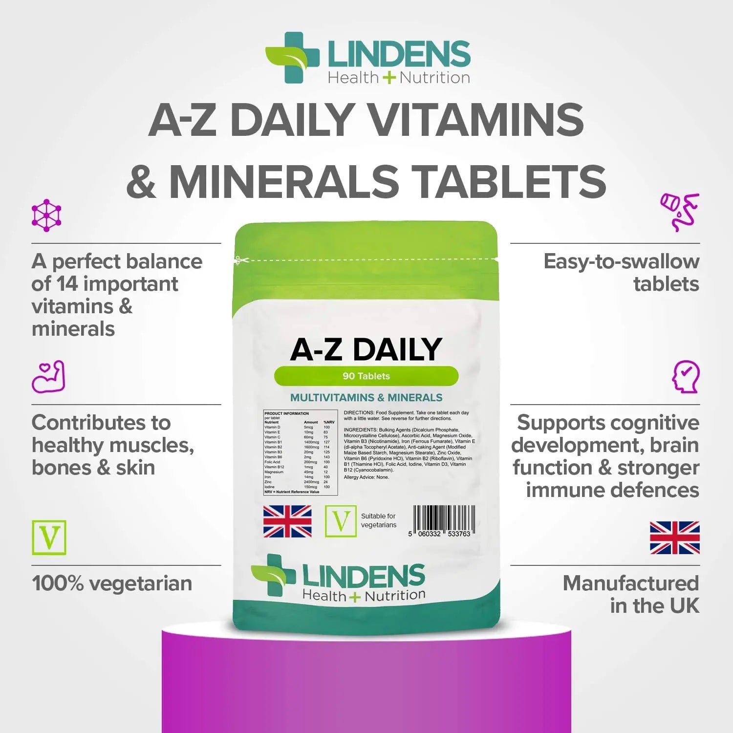 Multivitamin A-Z Daily Tablets 90 Tablets by Lindens Lindens uk supplements