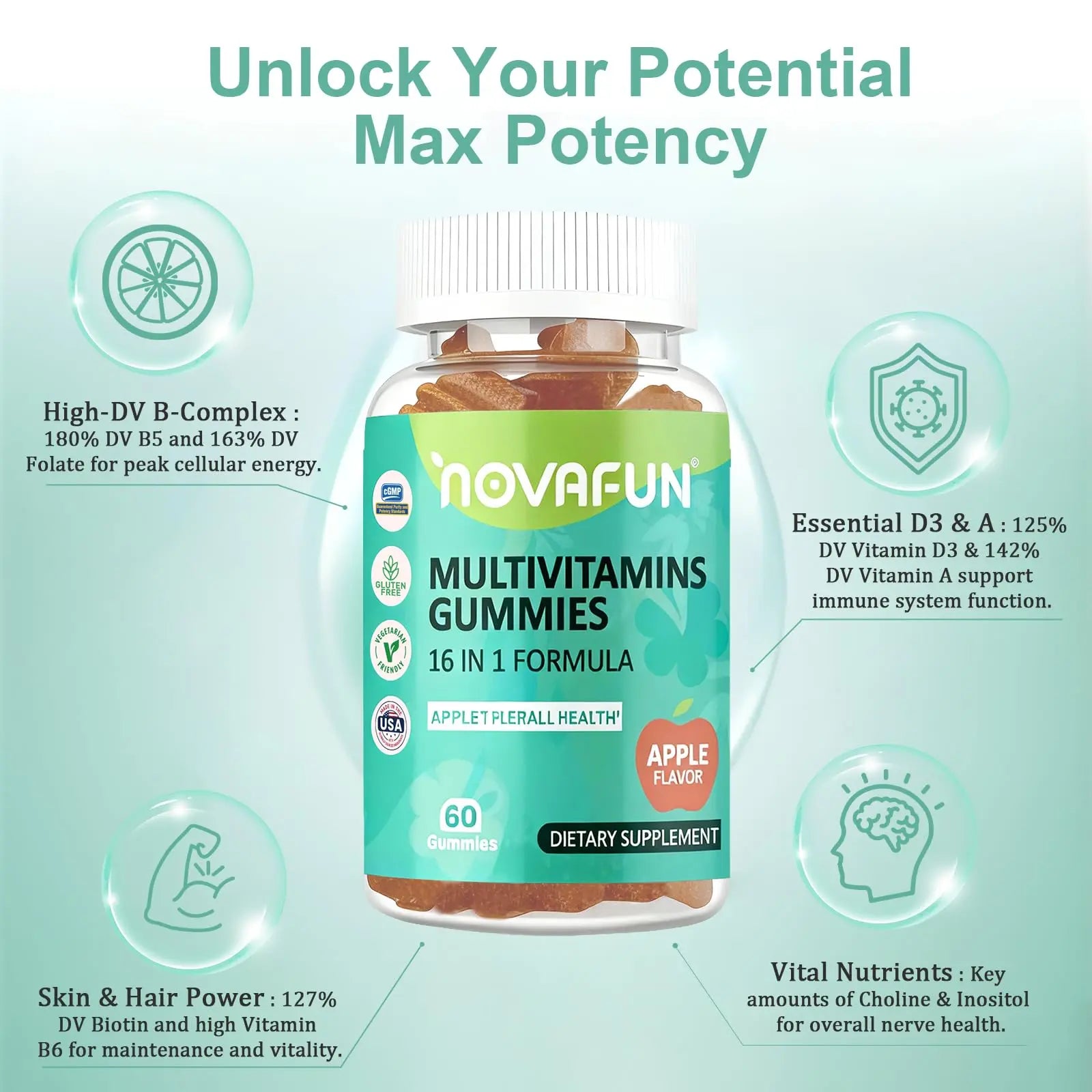 Novafun Multivitamin Gummies,16-in-1 Multi Vitamin Supplements for Women, Men & Kids, Essential Vitamins & Minerals Novafun uk supplements