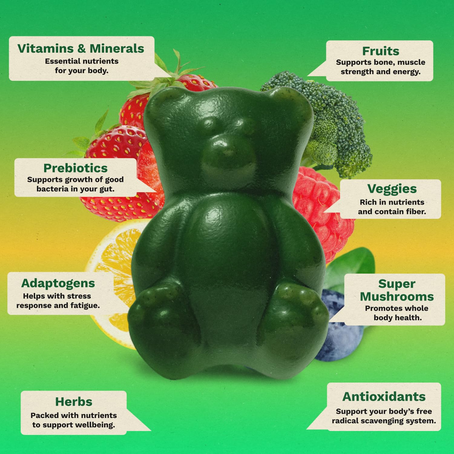 Gruns Sugar-Free Super Greens Gummies, Multivitamin Superfood Gummy Bears, Spirulina, Chlorella, Prebiotics & Fiber gummies for Digestive Health, Adaptogens Supplement, 20 Vitamins & Minerals, 10 pack Grüns uk supplements