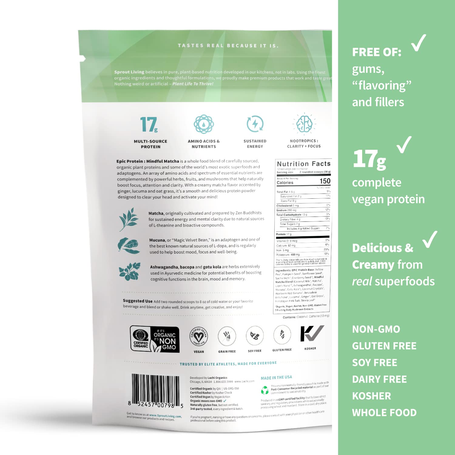 Sprout Living Epic Protein, Plant Based Protein & Superfoods Powder, Mindful Matcha Sprout Living uk supplements