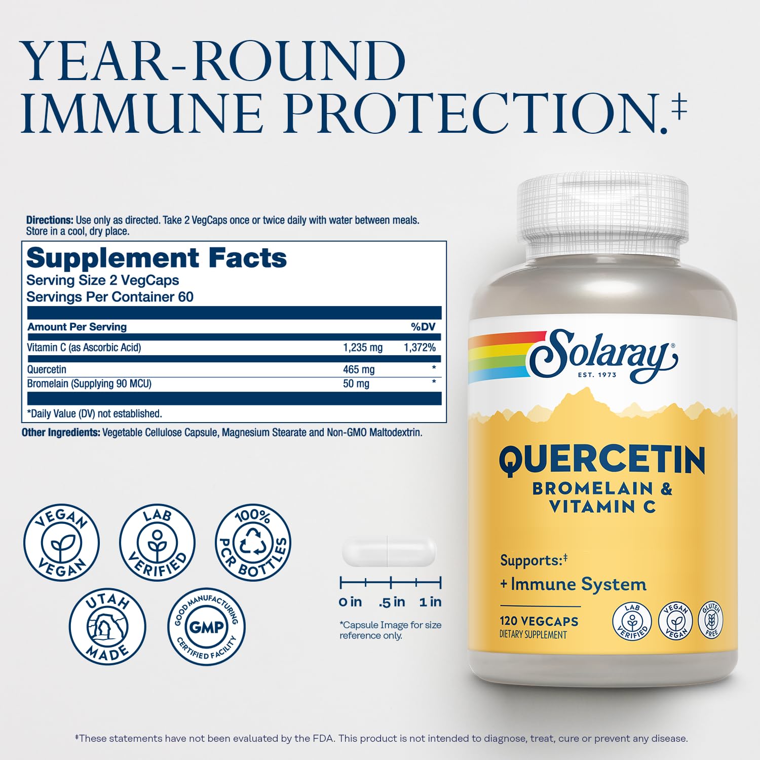 SOLARAY QBC Plex | Quercetin & Bromelain Plus Vitamin C | Year Round Immune Function & Respiratory Health Support | Non-GMO & Vegan | 120 VegCaps SOLARAY uk supplements