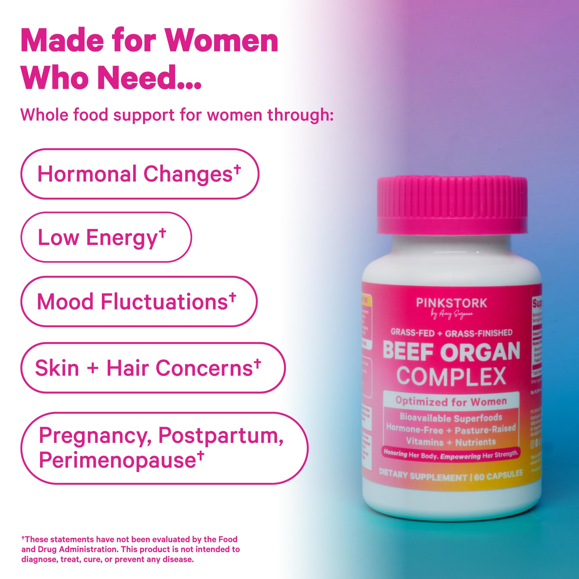 Pink Stork Beef Organ Supplement for Women | Grass-Fed Beef Liver Capsules with Iron, B12, CoQ10, Vitamin A | Primal Multivitamin for Female Hormone + Energy Support | 60 Capsules Pink Stork uk supplements