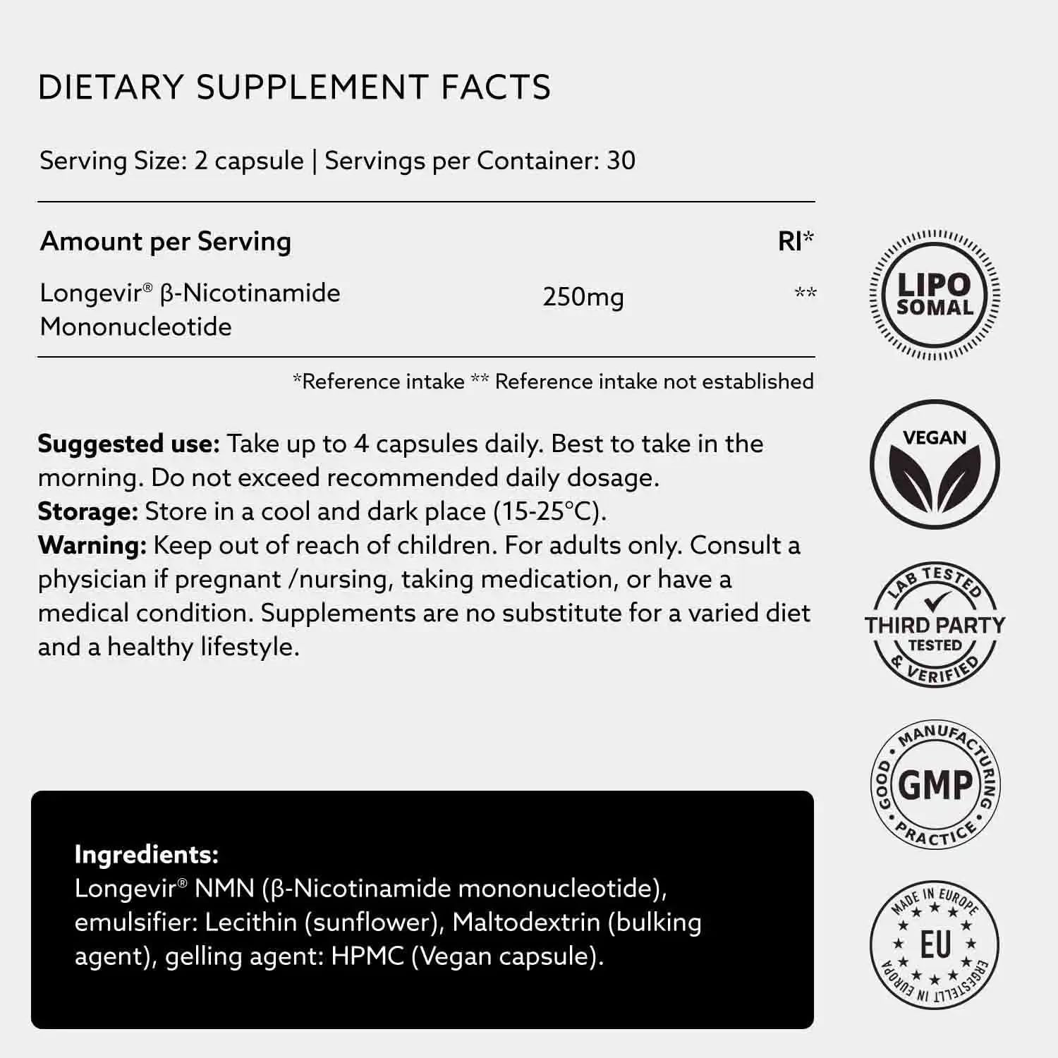 PUROVITALIS Liposomal NMN, 250mg Longevir Nicotinamide Mononucleotide Supplement, NAD+ Boost for Cellular Health, Energy & Healthy Aging, 1-Month Supply (60 Vegan Capsules) PUROVITALIS uk supplements