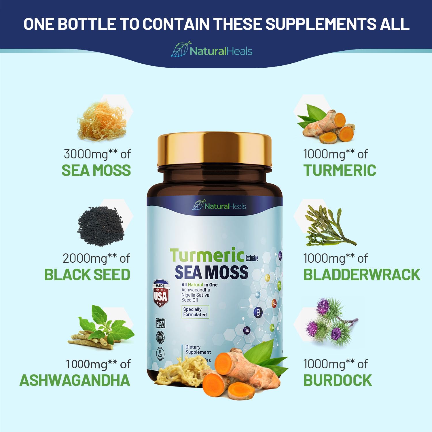 Natural Heals Sea Moss 3000mg: Black Seed Oil 2000mg Ashwagandha 1000mg Turmeric Natural Heals uk supplements