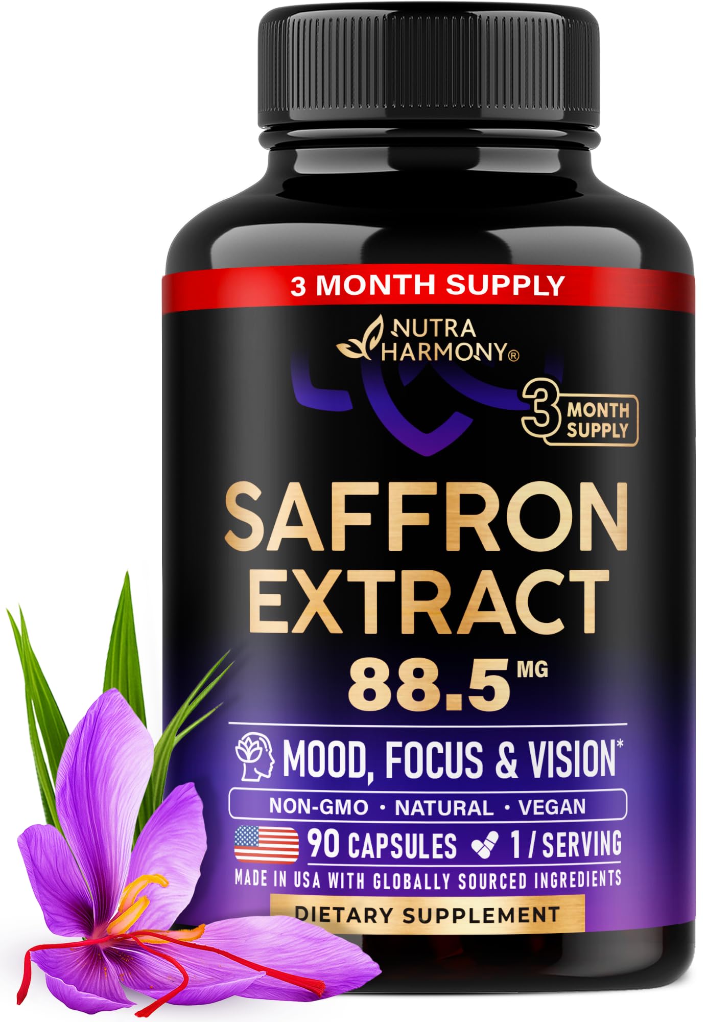 Natural Saffron Supplements - Pure Saffron Extract 88.5 mg - Made in USA - Mood | Focus | Vision | Energy Support - Eye Health for Women & Men - NonGMO Vegan Pills - 90 Powder Capsules, 3 Month Supply NUTRAHARMONY uk supplements