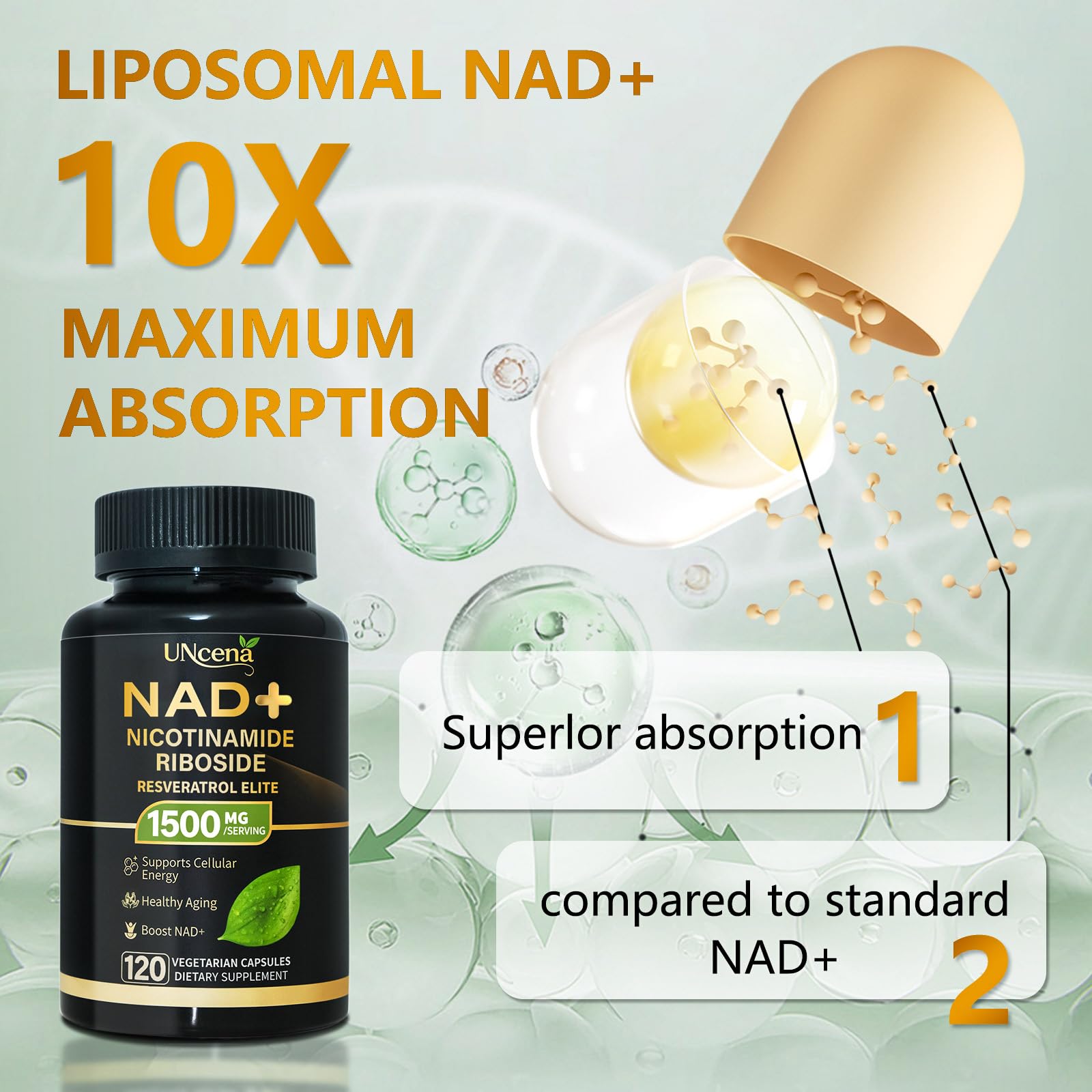 UNcena NAD Supplement 1500mg - Liposomal NAD+ Nicotinamide Riboside with Resveratrol, NAD Plus Boosting - Support Cellular Health, Stamina & Healthy Aging for Women & Men- 120 Capsules UNcena uk supplements