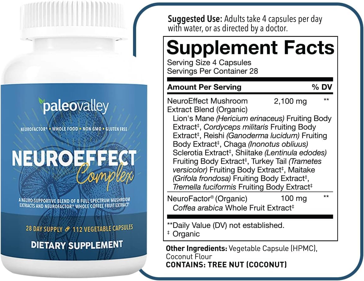 Paleovalley NeuroEffect - Neuro Mushroom Coffee Nutritional Supplement for Focus, Memory, and Energy Support - 28-Day Supply - 8 Full Spectrum Mushroom and Whole Coffee Fruit Extracts Paleovalley uk supplements