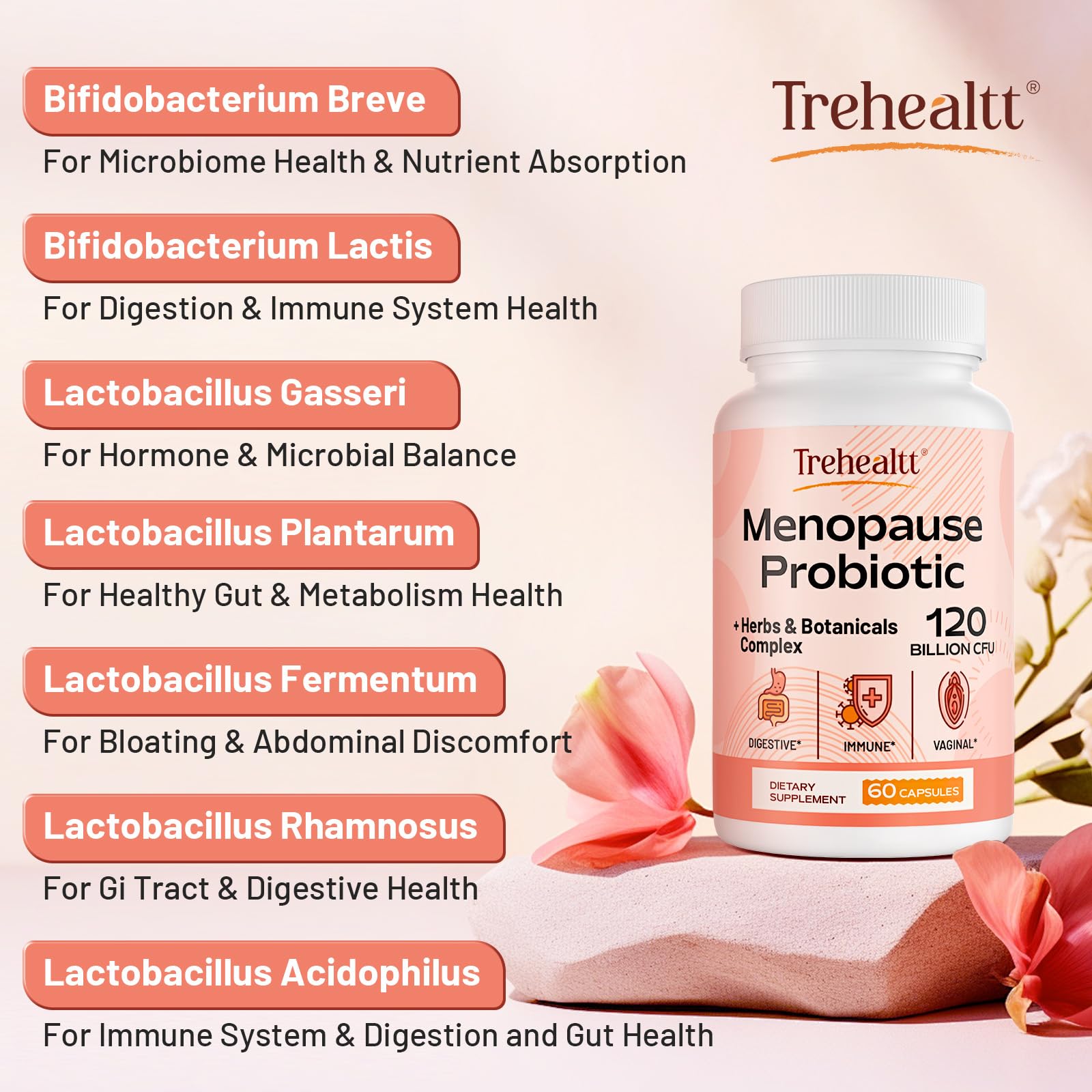 Menopause supplements for women, 120 Billion CFU Probiotic, 13-in-1 Herbs & Botanicals Complex, for Hormone Menopause, Hot Flashes, Night Sweats, Mood Swings, Sleep Disturbances, Vegan, 60 Capsules Trehealtt uk supplements