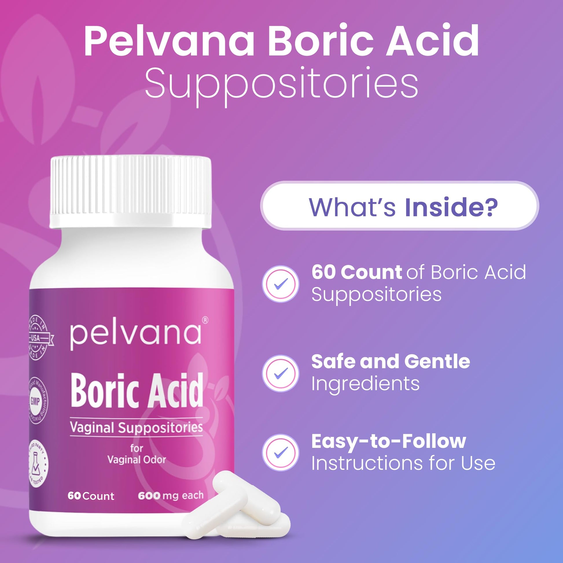 Pelvana Boric Acid Suppositories for Women - 60 Count - 600mg Boric Acid Capsules for Vaginal Odor Use Pelvana uk supplements