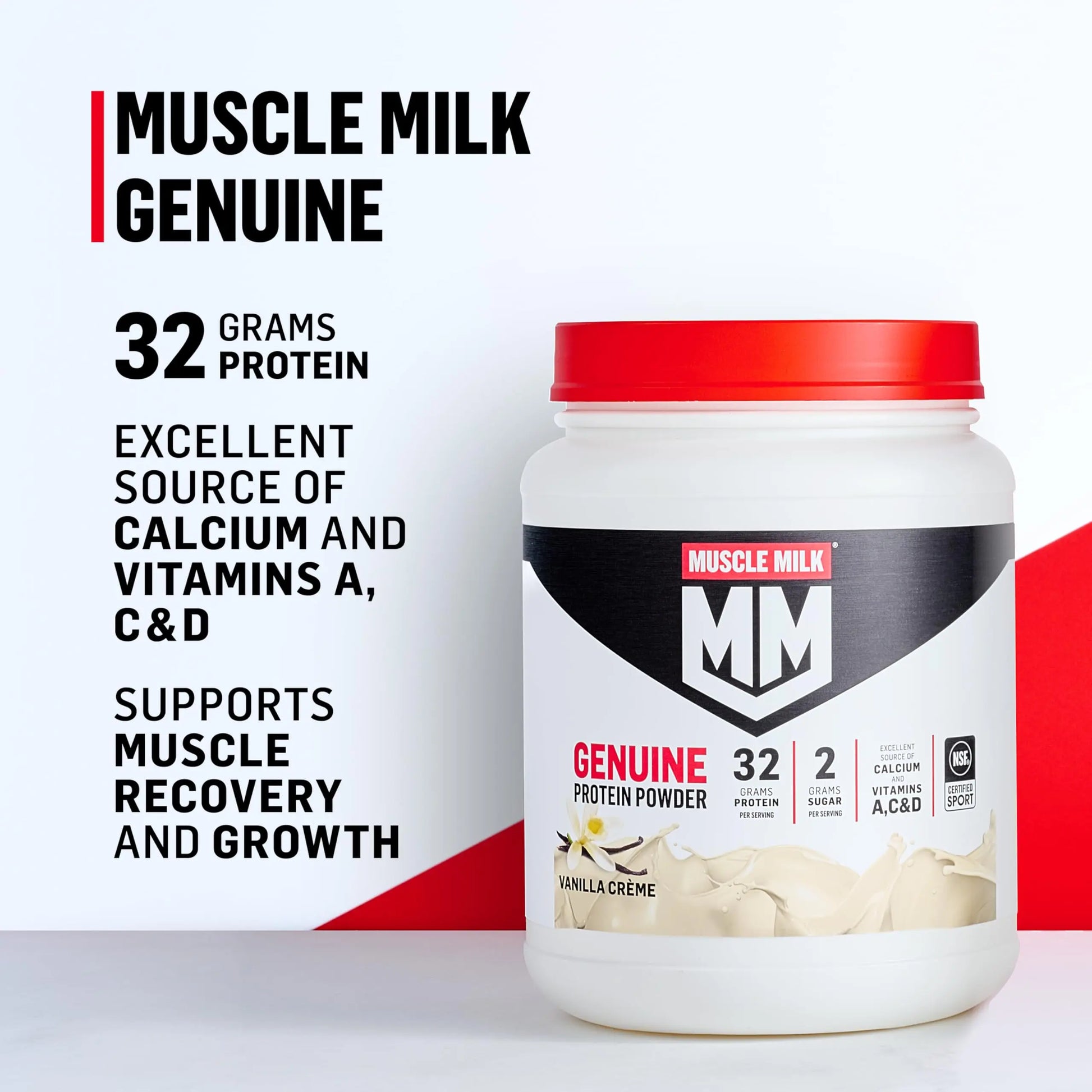 Muscle Milk Genuine Protein Powder, Vanilla Crème, 1.93 Pounds, 12 Servings, 32g Protein, 2g Sugar, Calcium, Vitamins A, C & D, NSF Certified for Sport, Energizing Snack, Packaging May Vary Muscle Milk uk supplements