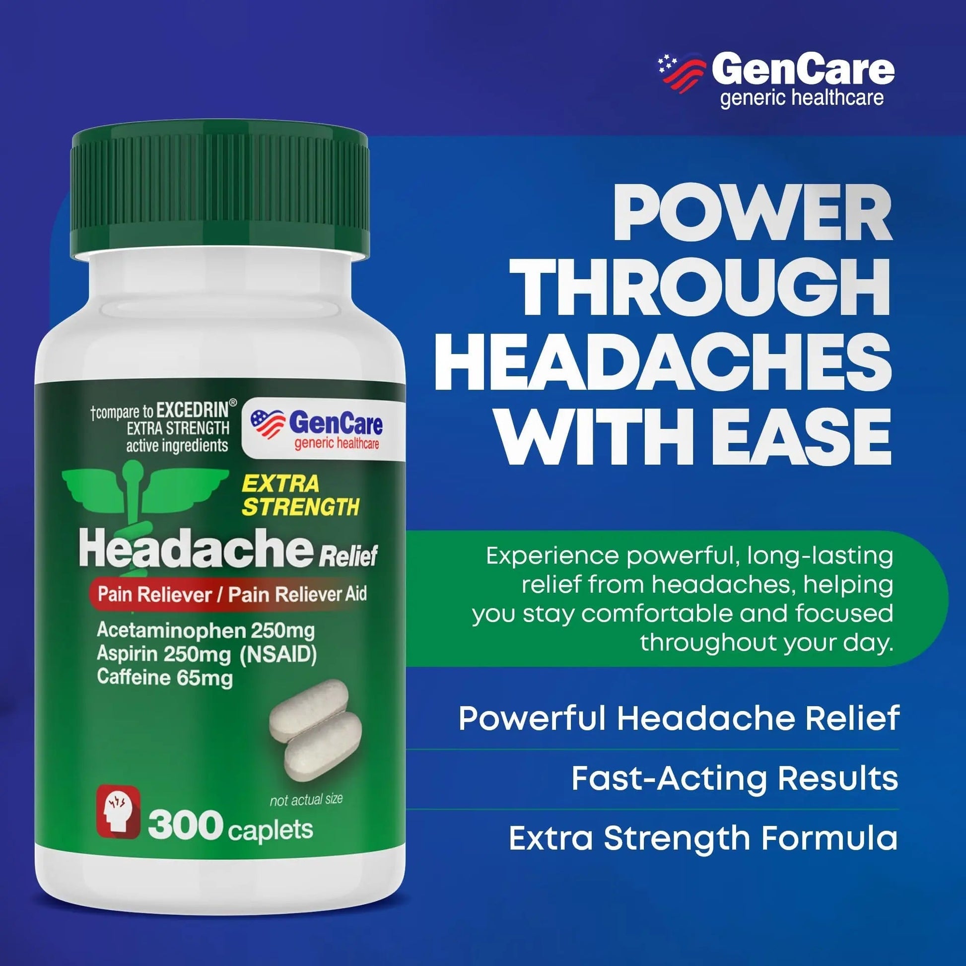 GenCare - Headache Relief Acetaminophen with Aspirin (NSAID) & Caffeine (300 Caplets) Value Pack | Head Pain, Muscle Aches, Back Pain & Body | Generic ExcedrEn Extra Strength GenCare uk supplements