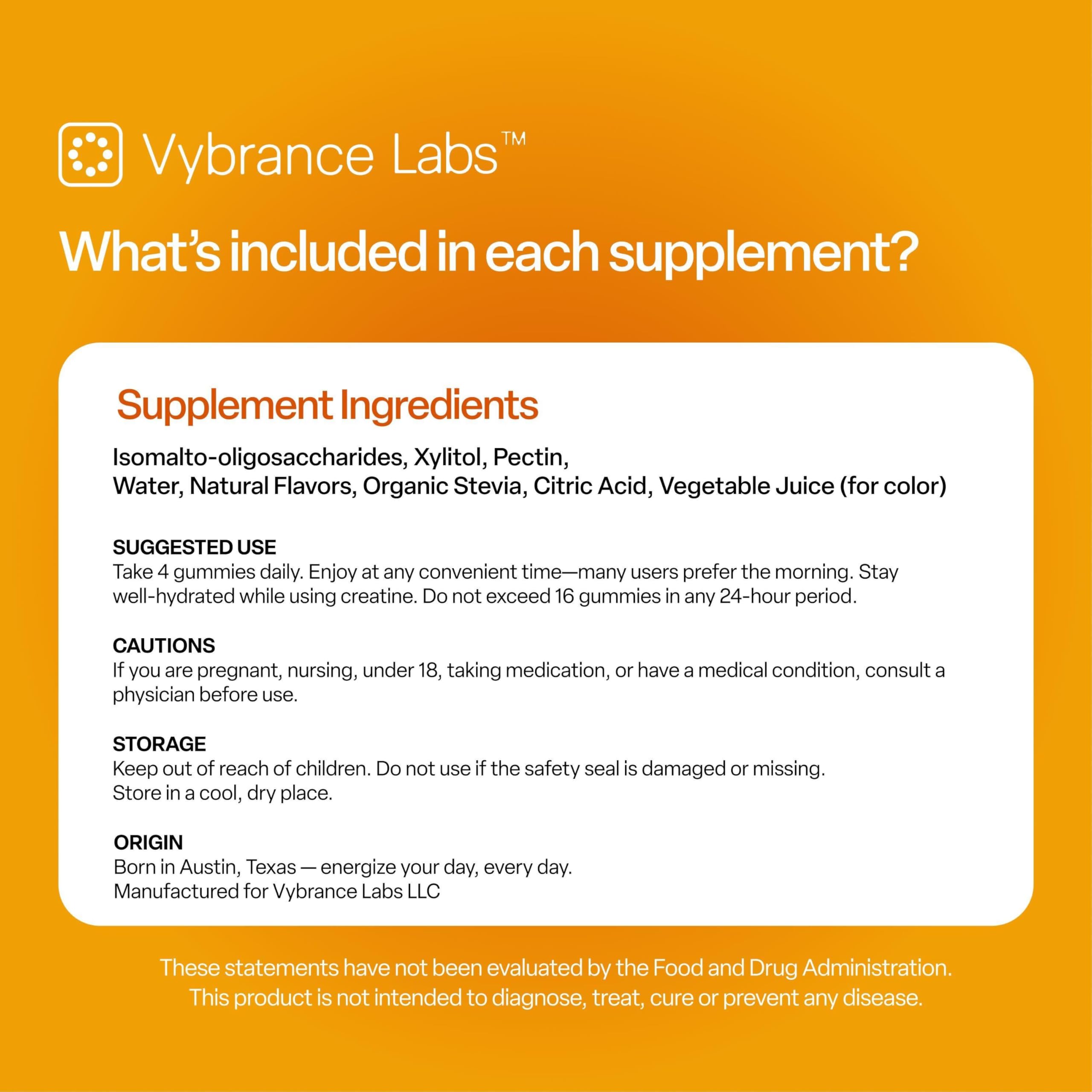 VYBRANCE LABS Creapure Creatine Gummies 5g + Taurine & B12 - Sugar-Free, Vegan, Gluten-Free - Citrus Mango - 120 Count (30 Servings) for Strength, Energy & Focus VYBRANCE LABS uk supplements