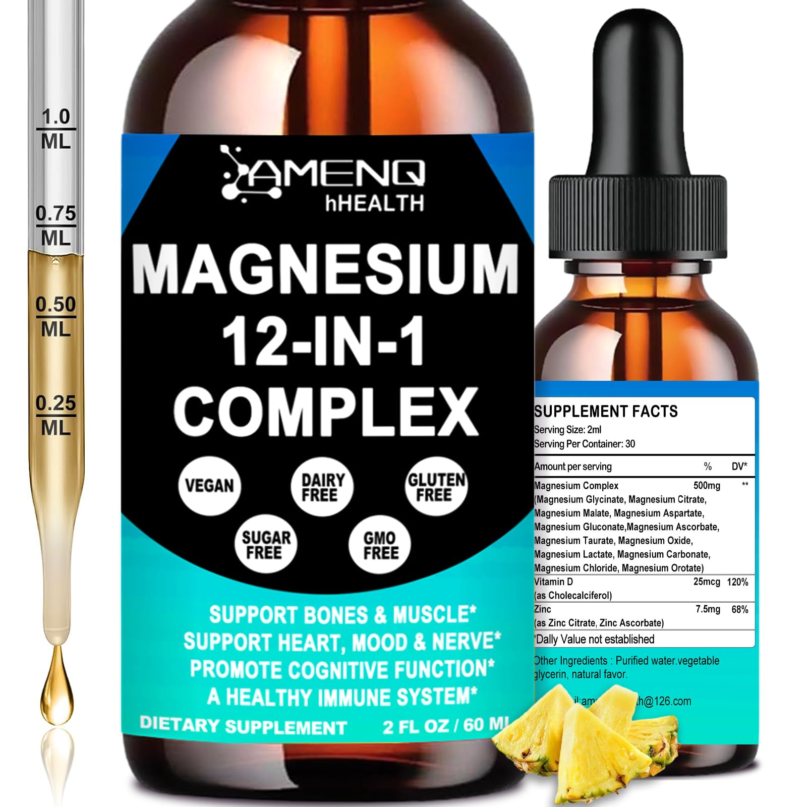 Magnesium 12 in 1 Complex Liquid Drops Magnesium Supplement w. Glycinate Citrate Malate Taurate Oxide Aspartate Orotate, Calm Magnesium for Sleep Muscle Heart Support丨Max Absorption Liquid Formula AMENQ hHEALTH uk supplements