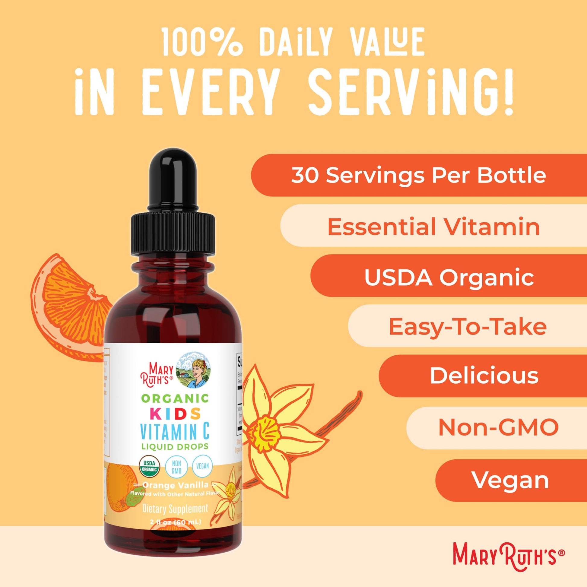 MaryRuth Organics USDA Kids Vitamin C Drops | Vegan Immune Support Supplement for Ages 4-13 | Immune Support & Overall Health | Vitamin C from Organic Acerola Fruit Extract | 2oz MARYRUTH'S uk supplements