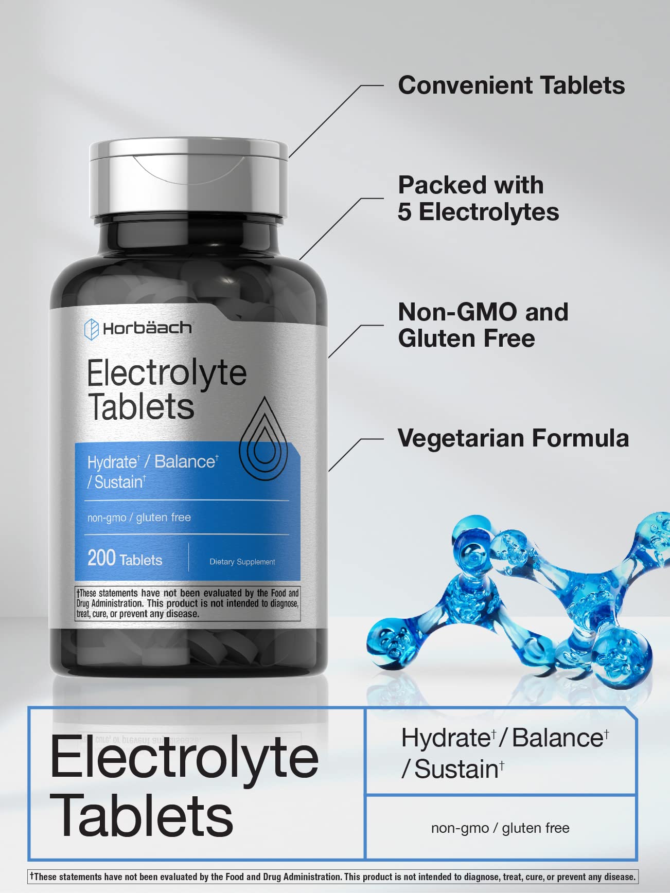 Horbäach Electrolyte Tablets | 200 Count | Helps Hydrate, Balance, & Sustain | with Calcium, Magnesium, Chloride, Sodium and Potassium | Vegetarian, Non-GMO & Gluten Free Horbäach uk supplements