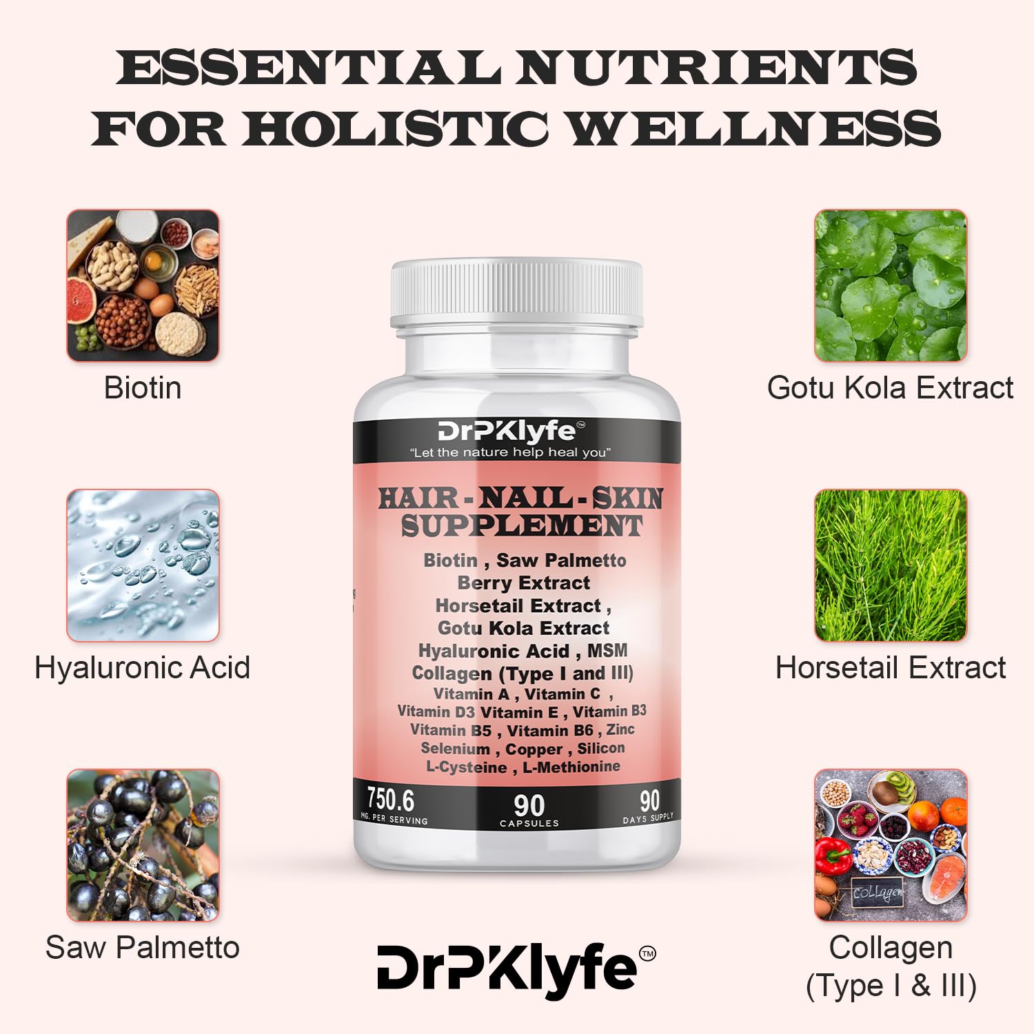 DrPKLyfe Hair, Nail and Skin Supplement Capsules:Biotin, Collagen, Collagen Peptides, Acid Hyaluronic, Biotin, Vitamin A, C, B5, B6 Saw Palmetto & More - 90 Capsules. DrPKLyfe uk supplements
